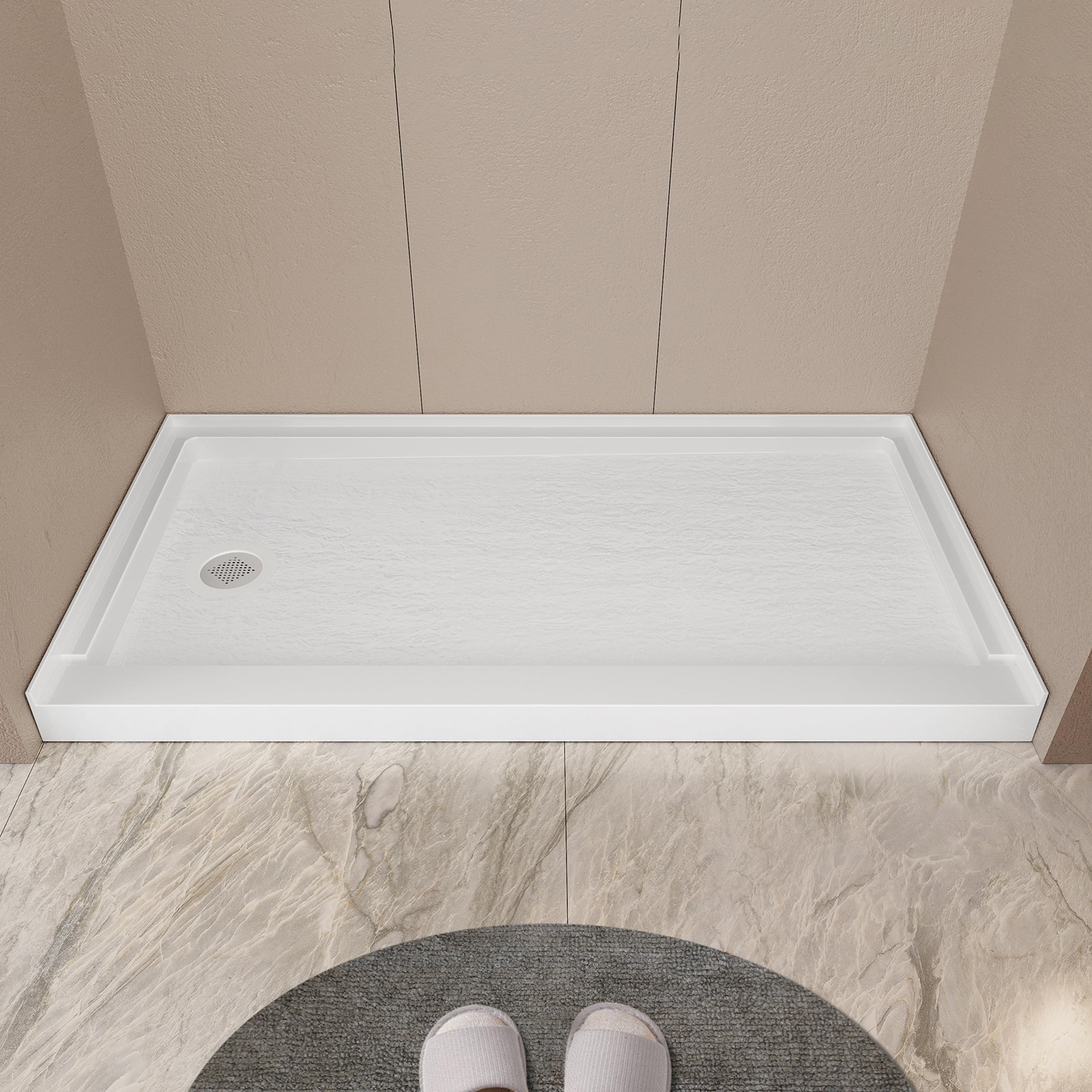 60"x30" Left Drain i-Homare SMC Shower Pan Base with Slate Texture, Single Threshold Rectangle Shower Pan In White