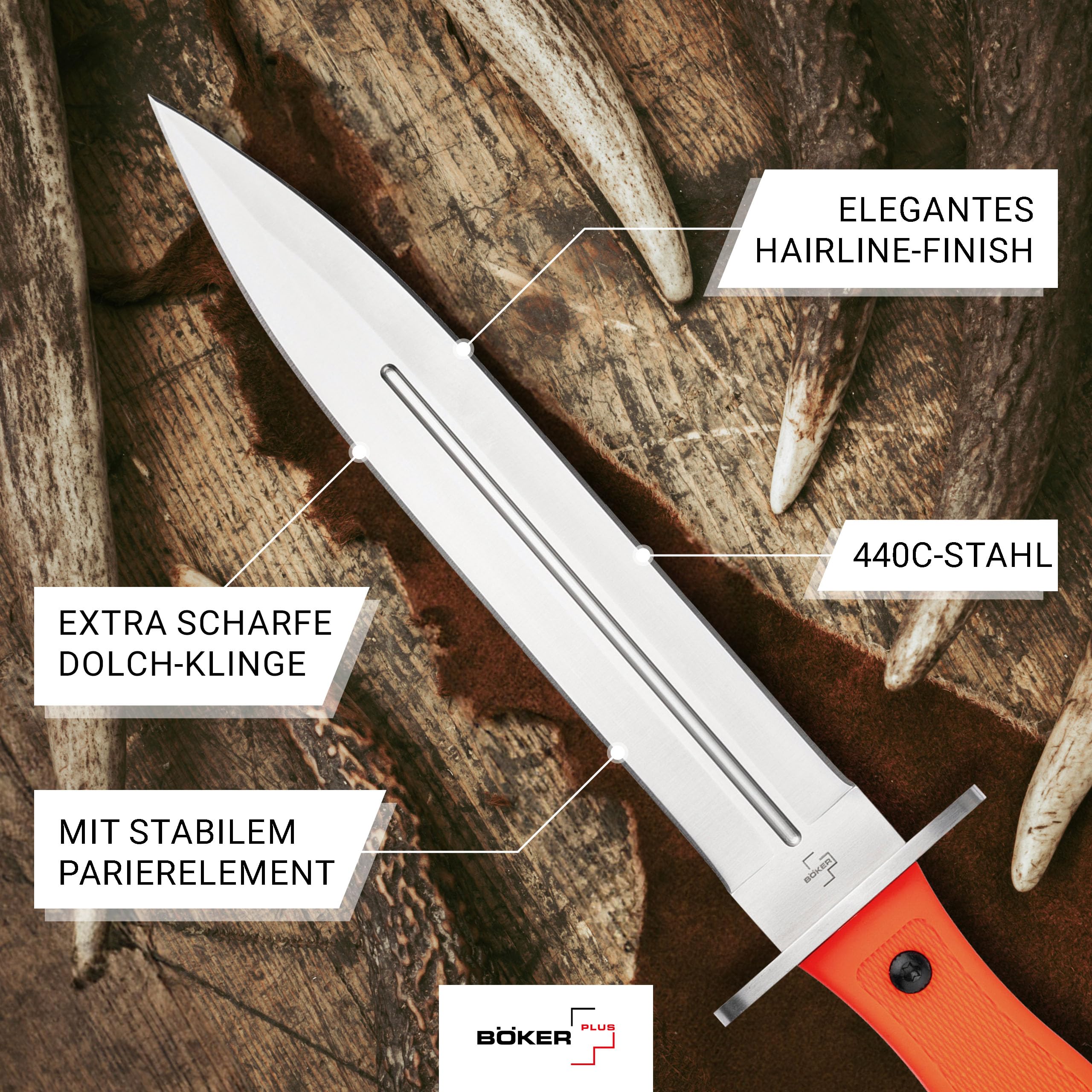 BÖKER PLUS® Boar Dagger - Abfangmesser für Rot- & Schwarz-Wild - zweischneidiges Jagdmesser feststehend - Hirsch- & Saufänger in Speer-Form - Fulltang Messer mit 22,9 cm Edelstahl Dolch Klinge