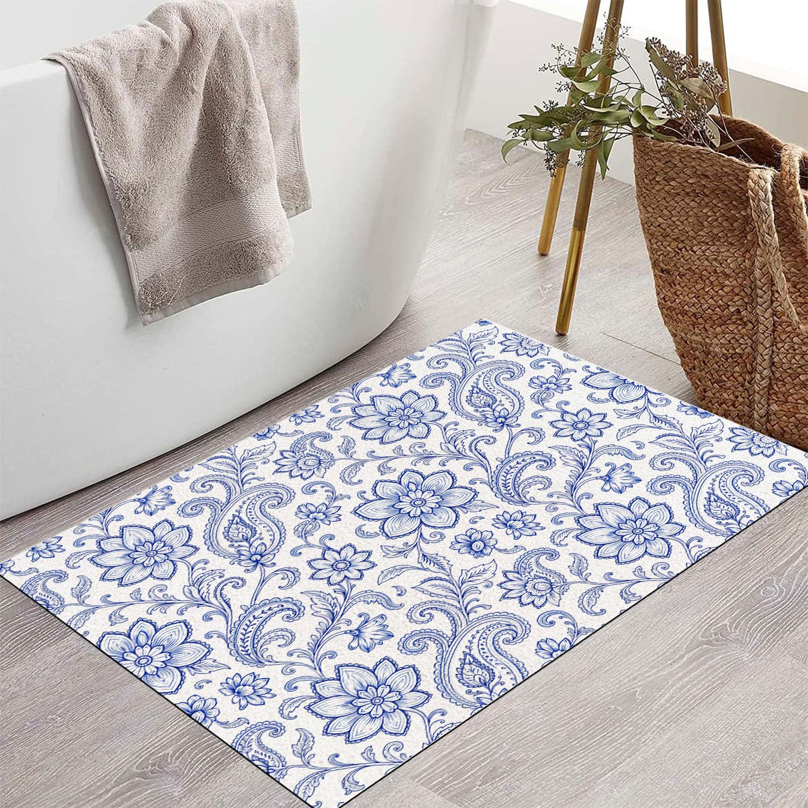 Zerbino Ingresso Interno Motivo Floreale Paisley Esotico, Zerbino Di Benvenuto Lavabile Morbida Piante Tradizionali, Antiscivolo Tappeto Da Decorazioni Blu Per Casa Porta, 90X150Cm