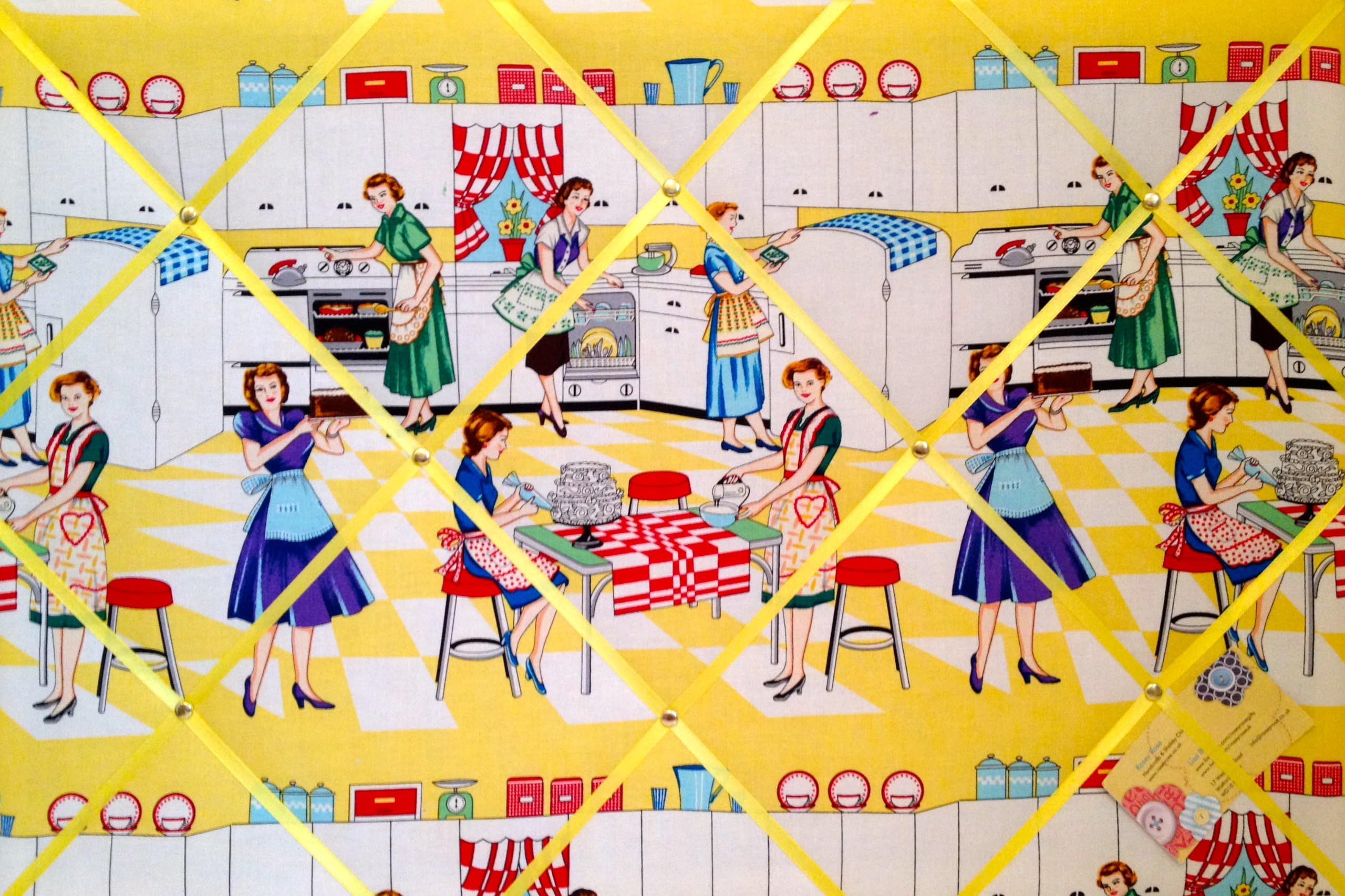 Large 60x40cm Michael Miller Home Economics 50's Kitch Ladies Kitchen Hand Crafted Fabric Notice/Pin/Memo/Memory Board