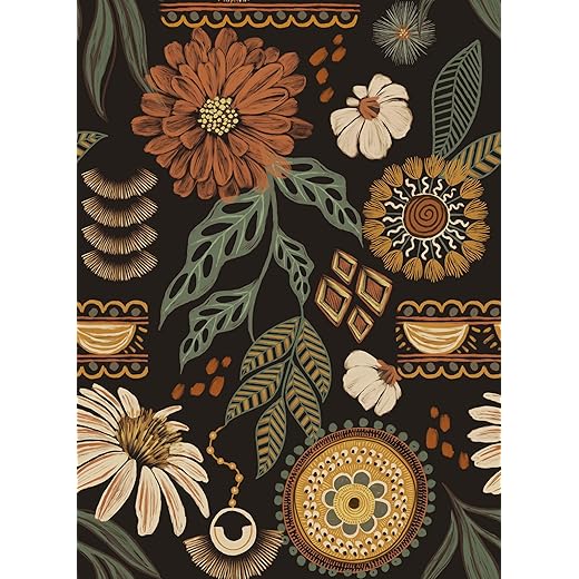 Simon&Siff Boho Wallpaper Peel and Stick, 17.3'' x 480" Sun Floral Retro Removable Contact Paper Dark Botanical Flowers Wall Mural for Decorative Bedroom Bathroom Home Wall