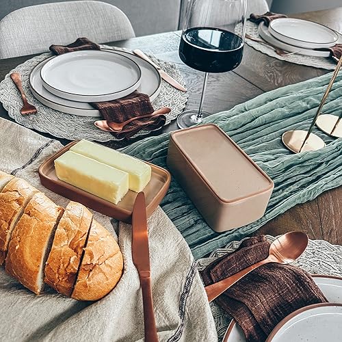 Miniatura 7 de Mora - Mantequillera de cerámica dos en uno con tapa, recipiente de mantequilla cubierto para dejar en la encimera, soporte de almacenamiento grande