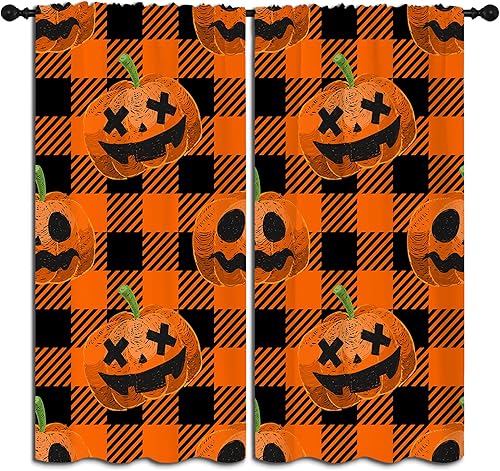 Cortinas opacas con bolsillo para barra de calabaza de Halloween para dormitorio de niños y niñas, a cuadros naranja y negro, cara de fantasma,