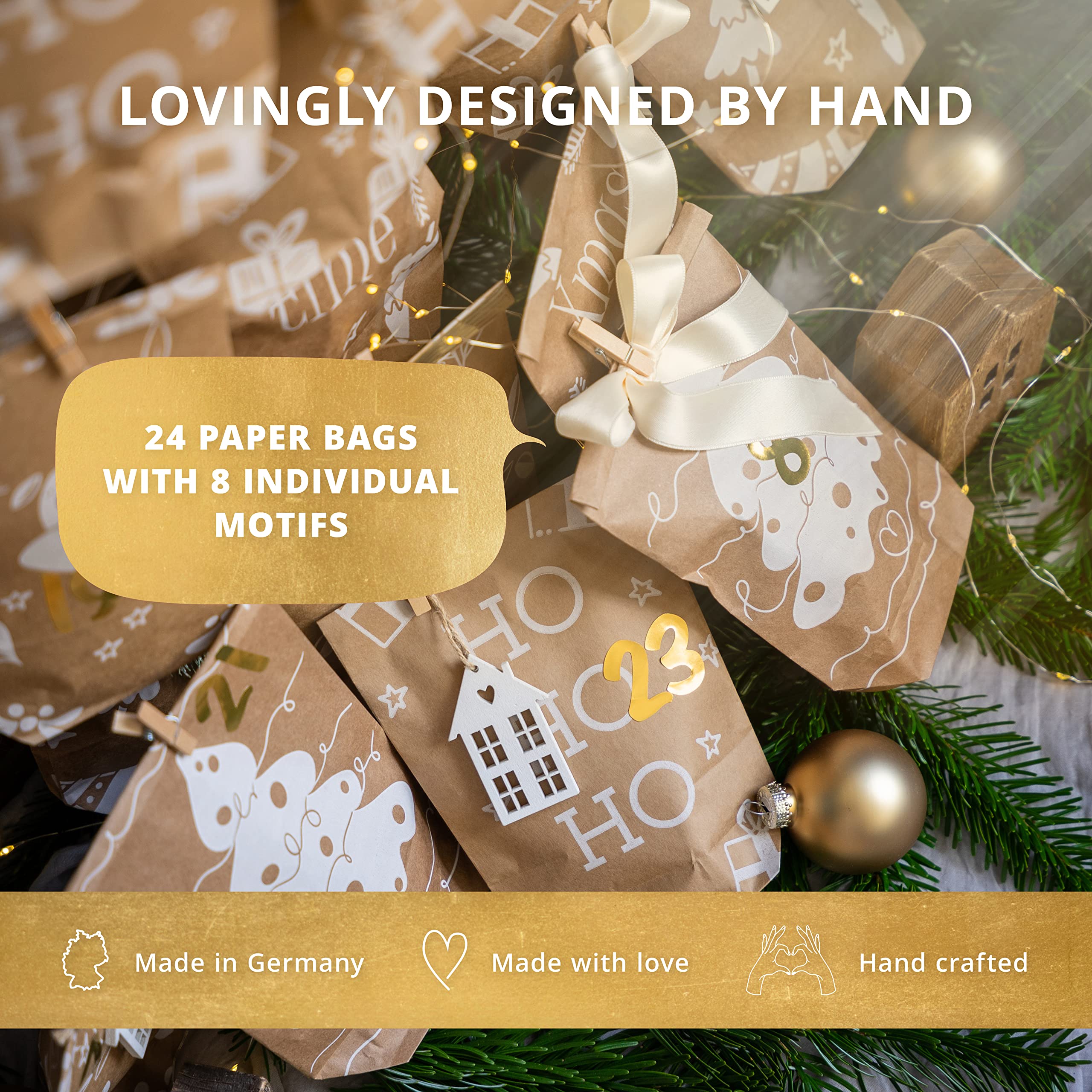 AMARI ยฎ Advent calendar to fill Standard braun, 24 Advent bags diy (with wooden clips), Paper bags with numbers sticker - Image 2