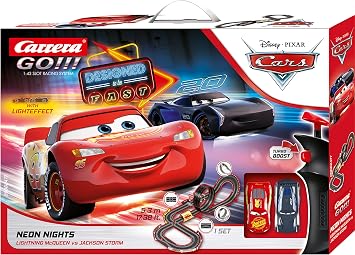 Carrera GO Cars Slot Car Race Track Set Lightning McQueen Neon Nights | Electric slot car track, Lightning McQueen toy for kids 6+, includes McQueen & Storm cars, Neon Nights theme, easy setup
