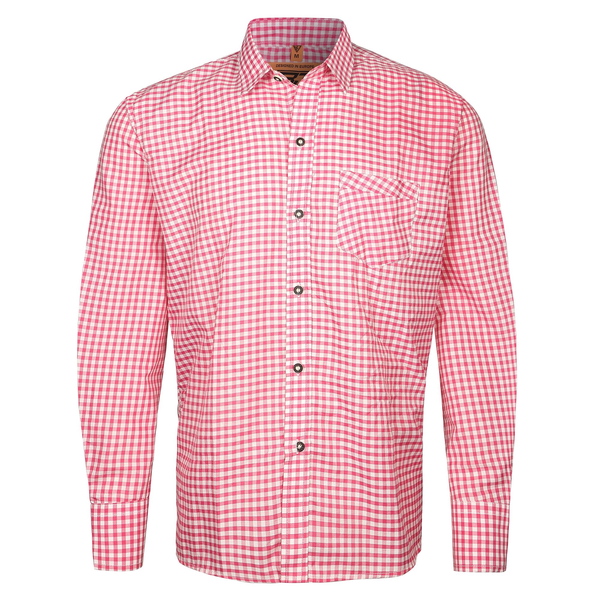 Men’s Bavarian Shirt Gingham Check Oktoberfest Trachten Style Regular Fit Classic Point Collar Pink Blue Red Bottle Green Sizes S-3XL (UK, Alpha, M, Regular, Regular, Pink Check)