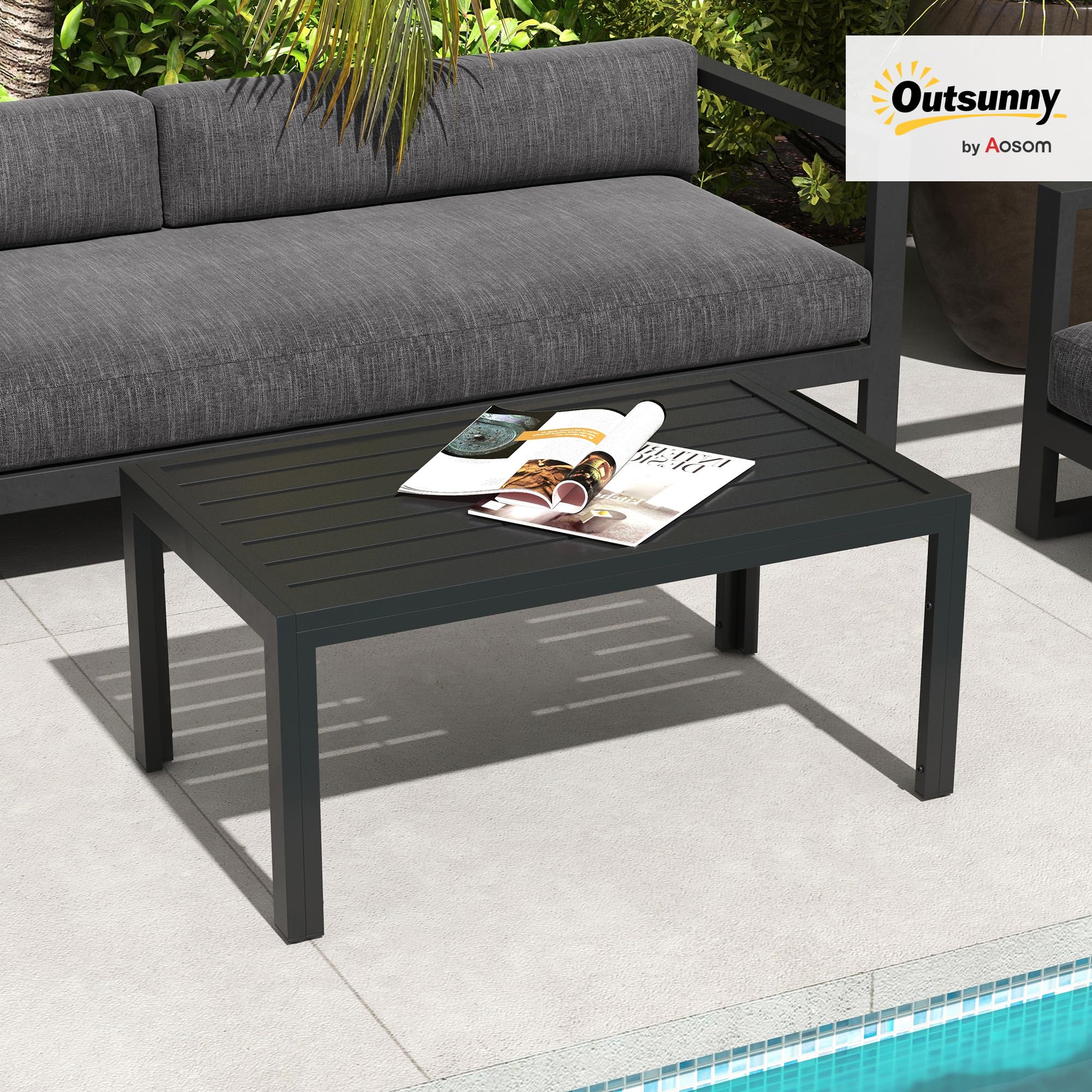 Outsunny Mesa de Centro de Jardín Rectangular, Mesa Auxiliar con Estructura de Acero Galvanizado y Superficie de Tablillas, Mesita de Café para Patio, Balcón, Terraza o Porche, Negro