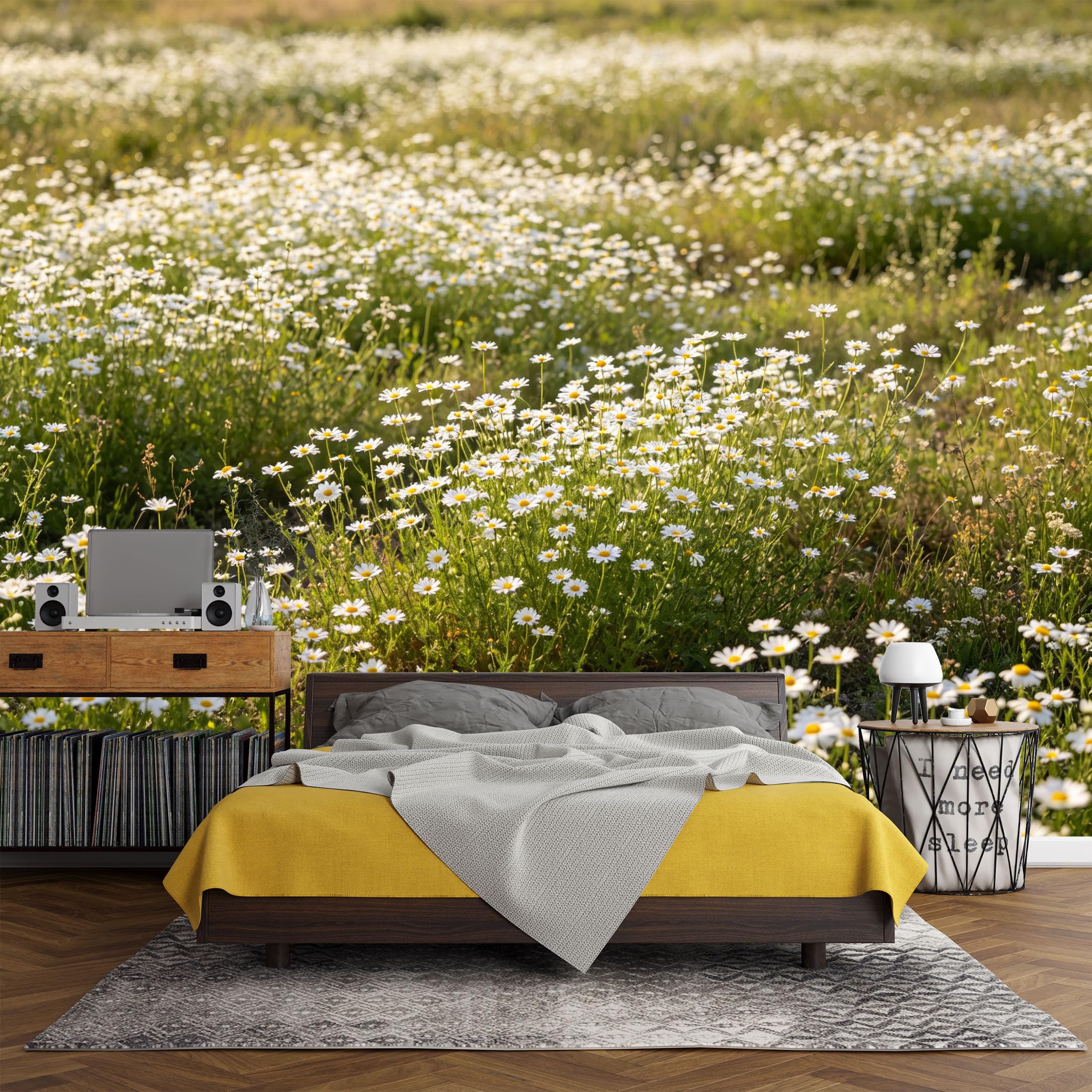 Custom Size Wall Mural， Botanical Daisy Meadow Wildflower Field Landscape， SelfAdhesive Art Prints wall Fabric (No PVC) Removable Wallpaper Living Room Decor