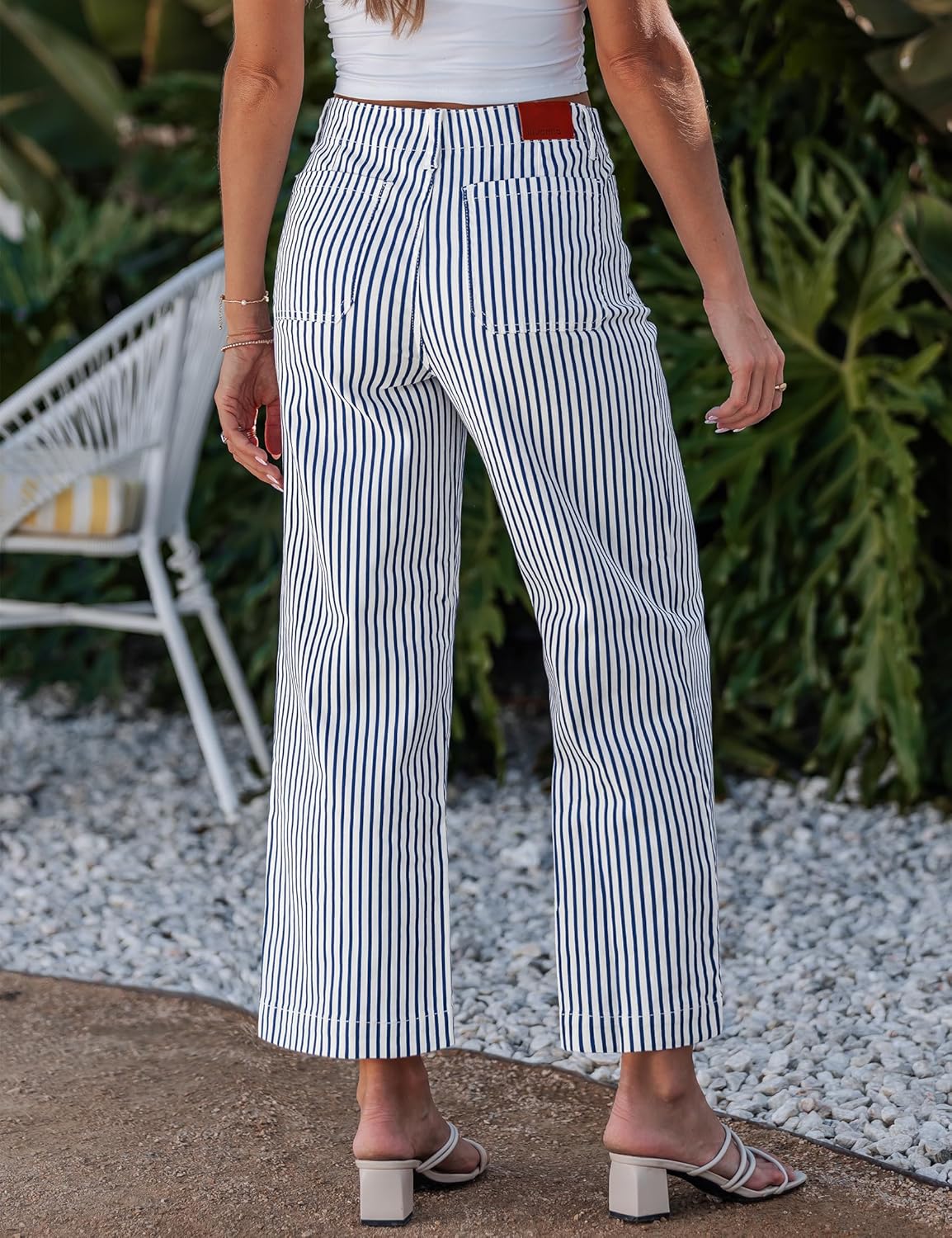 luvamia Striped Jeans for Women Trendy High Waisted Cropped Wide Leg Pants Stretchy Denim Patch Pocket Pinstripe Pants - Image 2