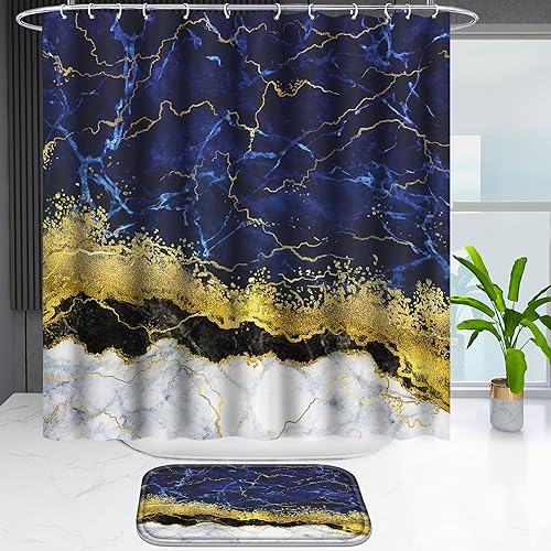 Miniatura 9 de Poedist Juego de 4 cortinas de ducha de baño con borde negro y dorado, juego de baño con cortina de ducha y alfombras (tapete de baño, forma de U y