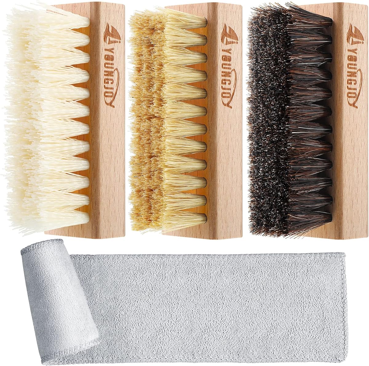 YoungJoy 3 Pieces Dual Sided Sneaker Shoe Cleaner Brush Set Shoes Clean Brush Kit Both Boar and Plastic Bristles with Microfiber Cloth (B)
