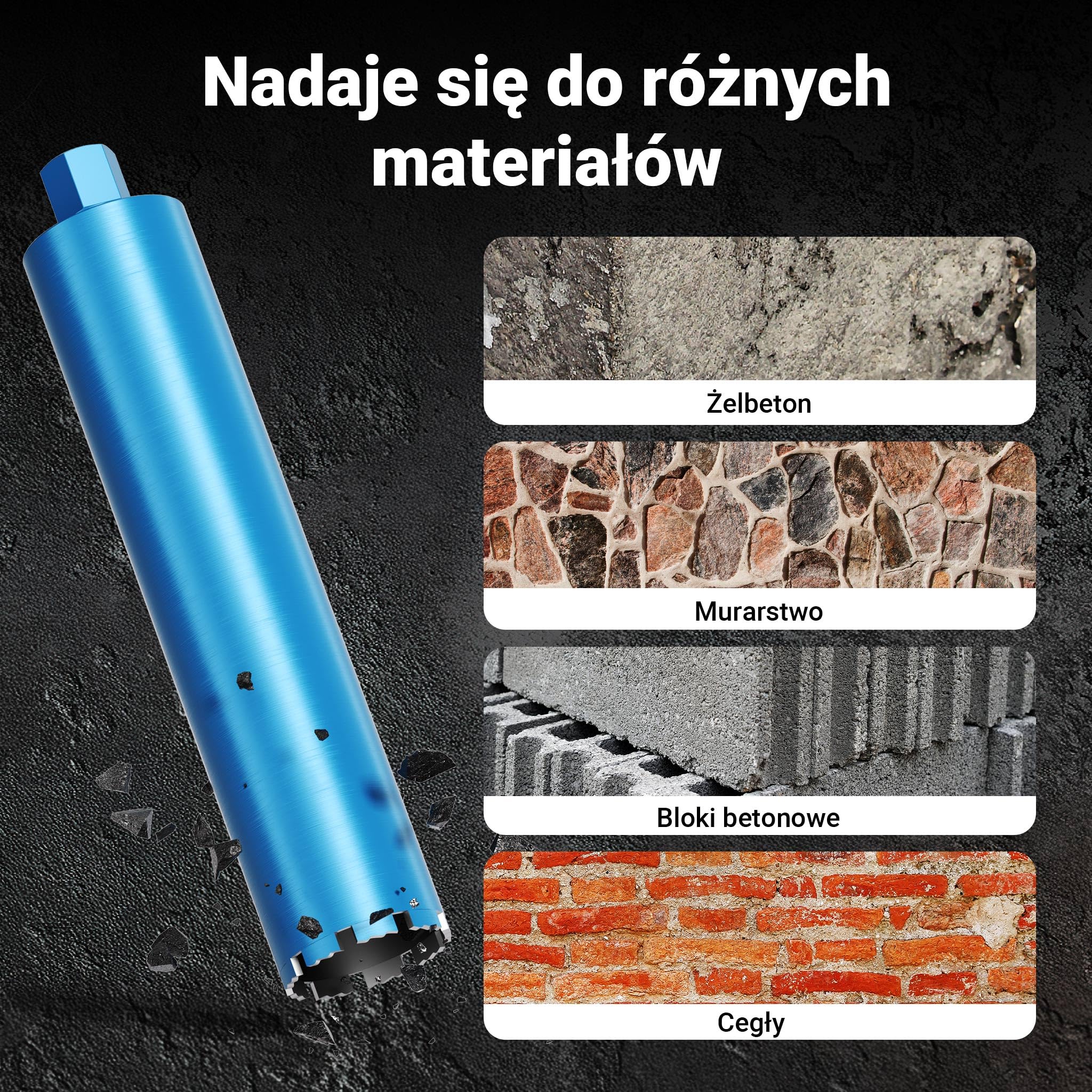 Wiltec Wiertło diamentowe koronowe typu Shark Ø 102 mm o długości 450 mm, 1¼ UNC, do wiercenia w betonie, kafelkach, kamienia i granitu
