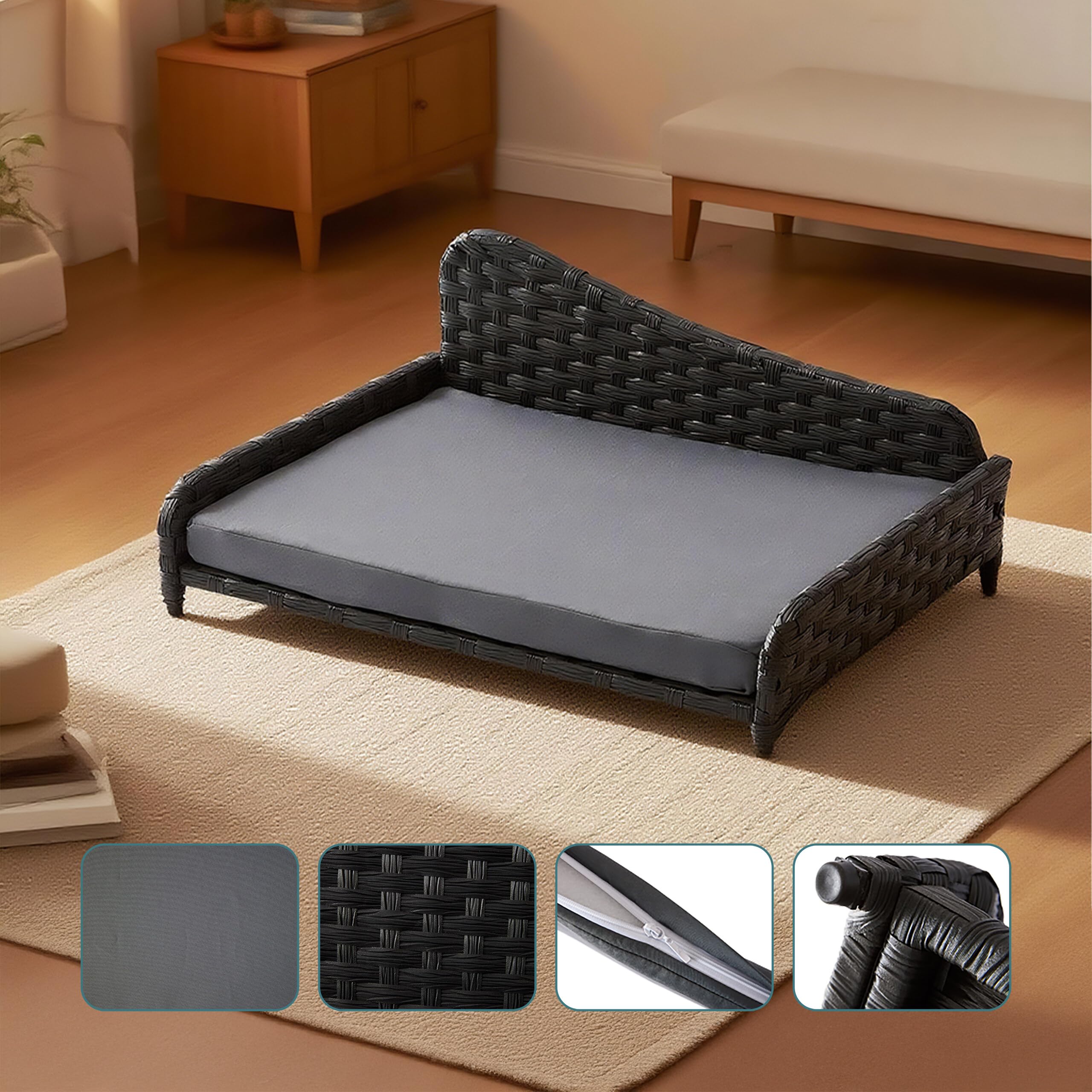 Relaxdays Divano-Cuccia in Rattan rialzato con Cuscino, L, 25x63x46 cm, Interno ed Esterno, Grigio