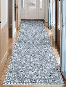 SERISSA Boho Washable Runner Rug, 2'6"x10' Long Non-Slip Vintage Floral Hallway Kitchen Stair Runner Rug Ultra Soft Print Distressed Blue Grey Floor Carpet for Bathroom Laundry Room