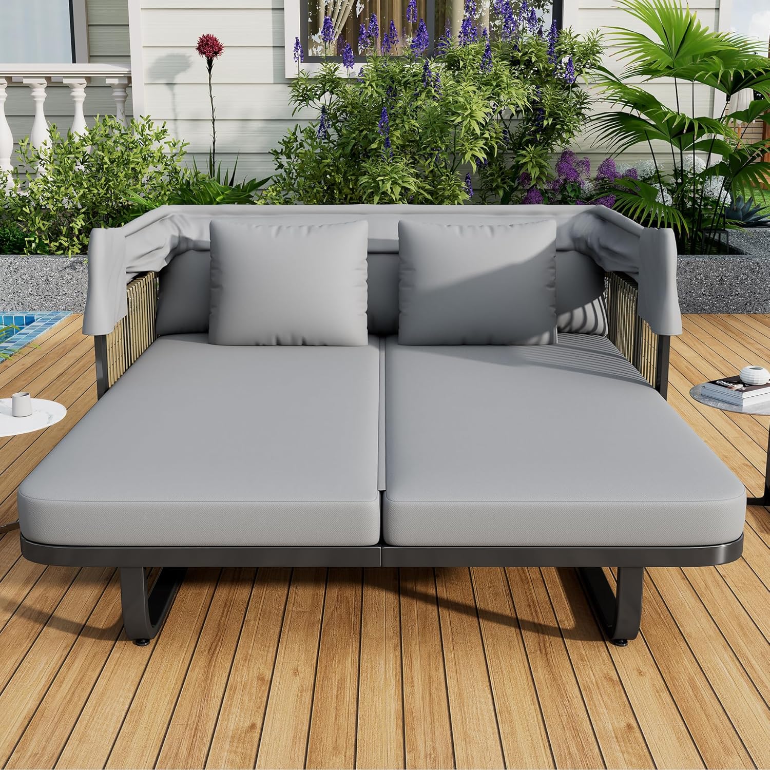 Modern 57" Outdoor Rattan Sunbed Daybed with Detachable Pillows,for Patio Backyard Pool Lawn Garden (Grey#w)