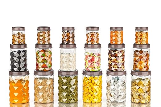 Tosaa Plastic Pet Storage Jar and Container, Set of 18 (6 pcs x 350ml Each, 6 pcs x 650ml Each, 6 pcs x 1.20ltrs Each), Black|Air Tight|Kitchen Organiser|BPA Free|Stackable at Rs. 284