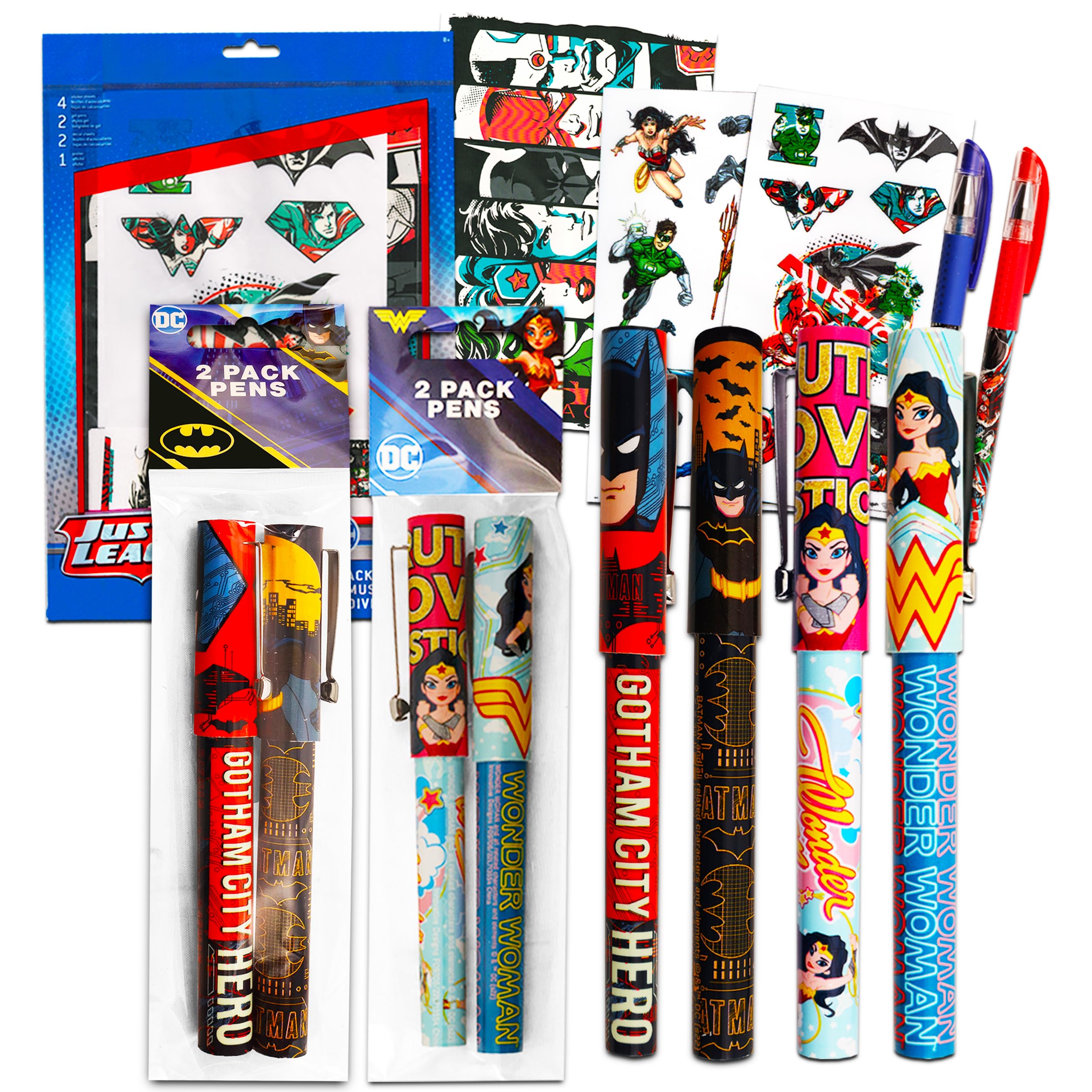 Inkworks DC Comics Justice League Superman Batman Pens Value Bulk Pack Bundle ~ 6 Justice League Ballpoint Pens and Stickers (Superhero School Supplies, Office Supplies, Party Favors)