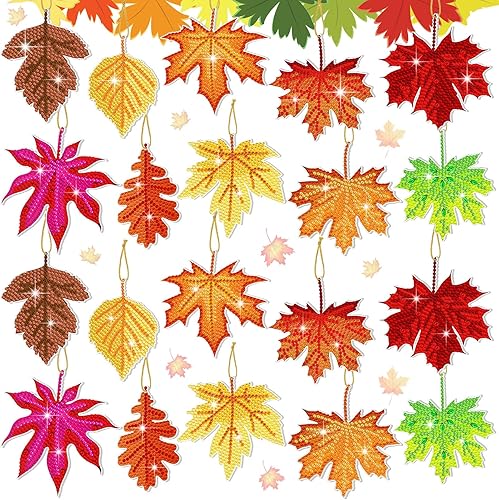 Skylety 20 piezas de ornamento de diamantes de otoño, kit de llavero de arte de diamantes, bricolaje de otoño con hoja de arce, llavero de pintura