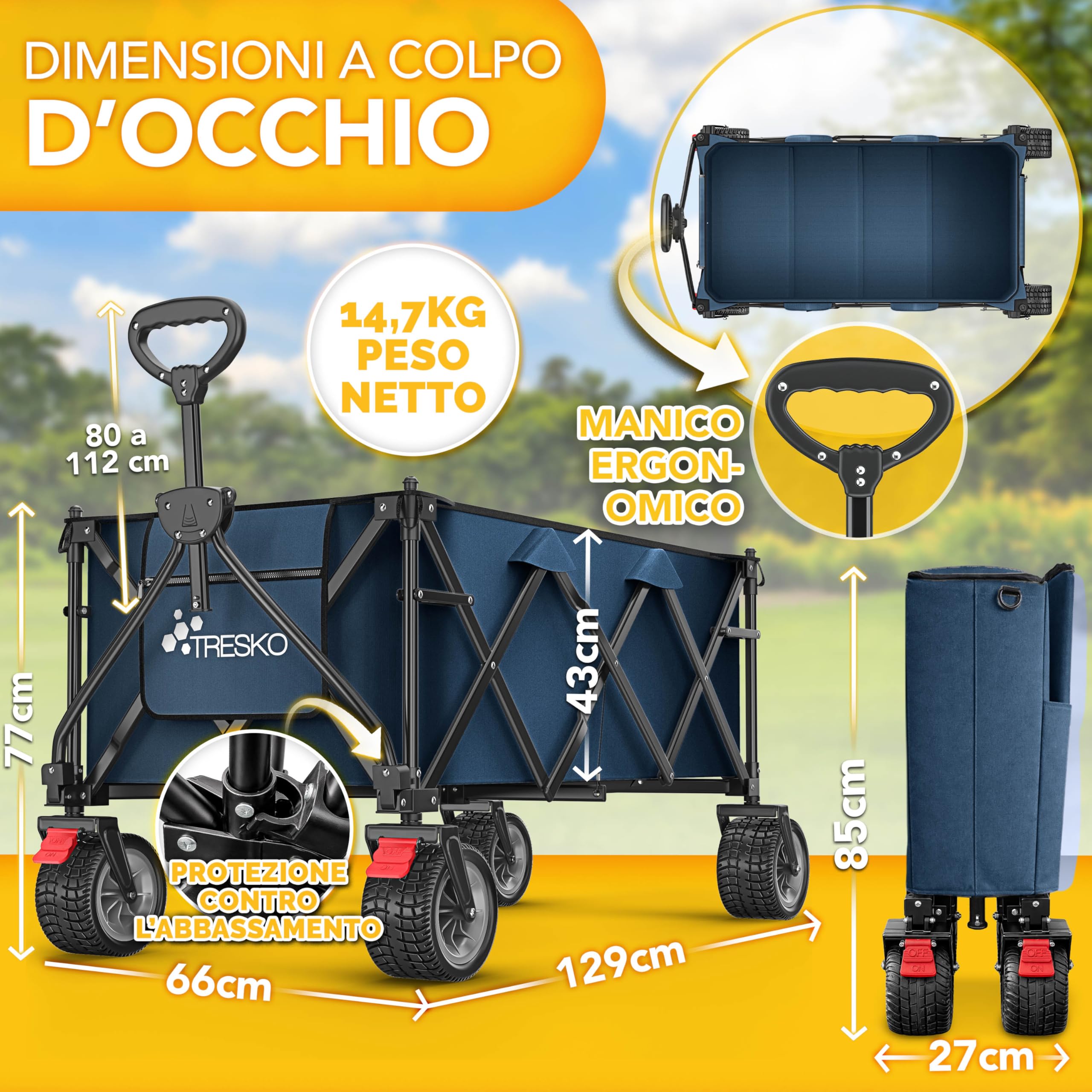TRESKO® Carrello pieghevole da 300 l con freno, carrello pieghevole da 150 kg con pneumatici in gomma piena, pieghevole, extra large, ruote per il trasporto con borsa per il trasporto (blu)