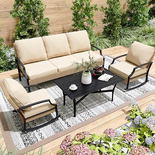 Miniatura 8 de AECOJOY Juego de muebles de patio, modernos muebles de patio al aire libre con mecedora y mesa auxiliar, 4 piezas de mimbre de ratán para