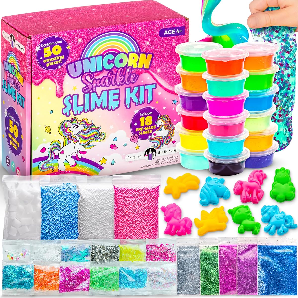 Original Stationery Unicorn Glitter Slime Kit - 50-Piece Set, 18 Pre-Made Cups - DIY Kit with Fluffy Foam Beads & Mini Molds - Sparkle Slime for Girls Ages 8-12
