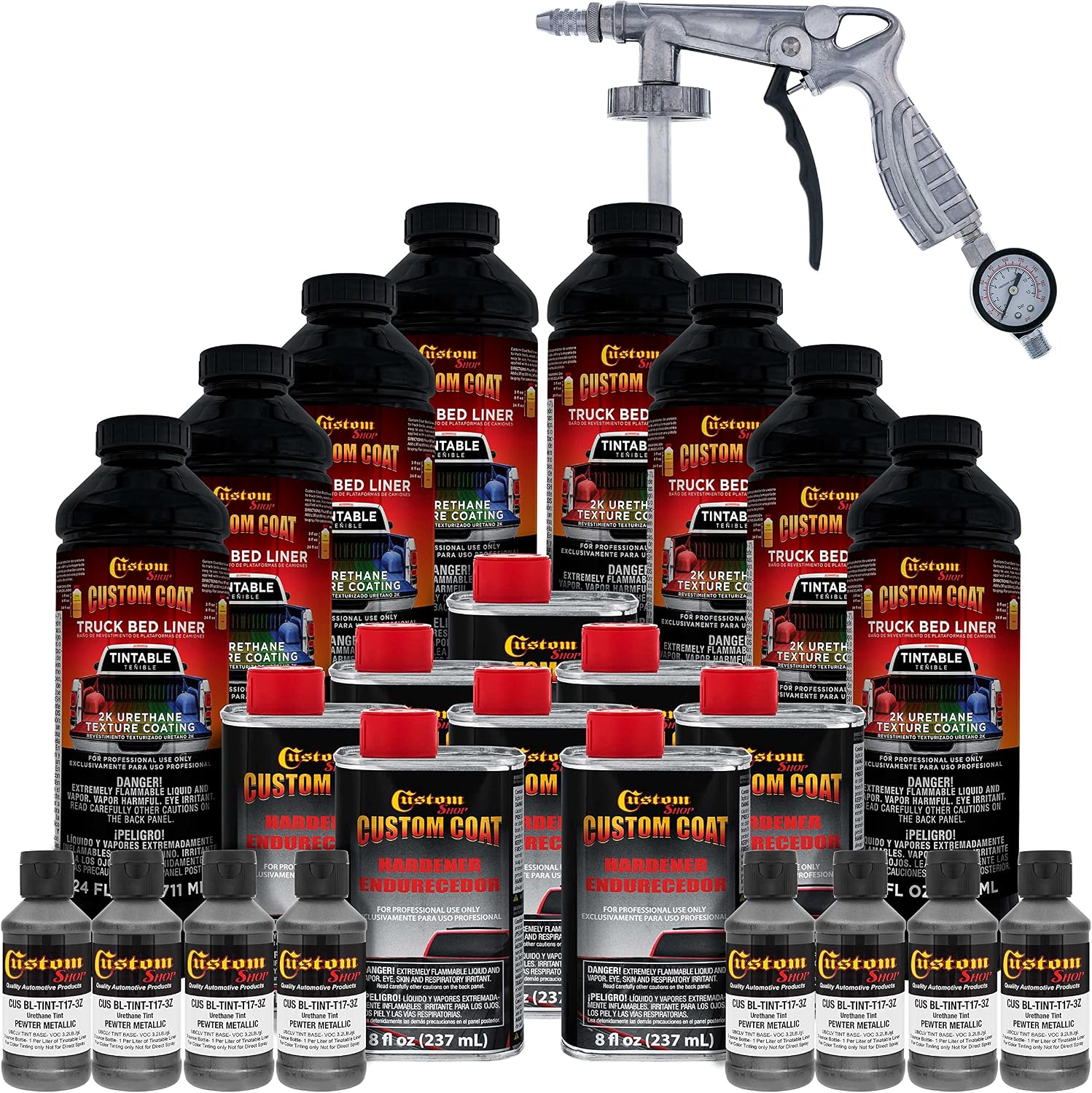 Custom Coat Pewter Metallic 2 Gallon (8 Quart) Urethane Spray-On Truck Bed Liner Kit with Spray Gun and Regulator - Easy Mixing, Shake, Shoot - Textured Protective Coating, Prevent Rust - Car, Auto