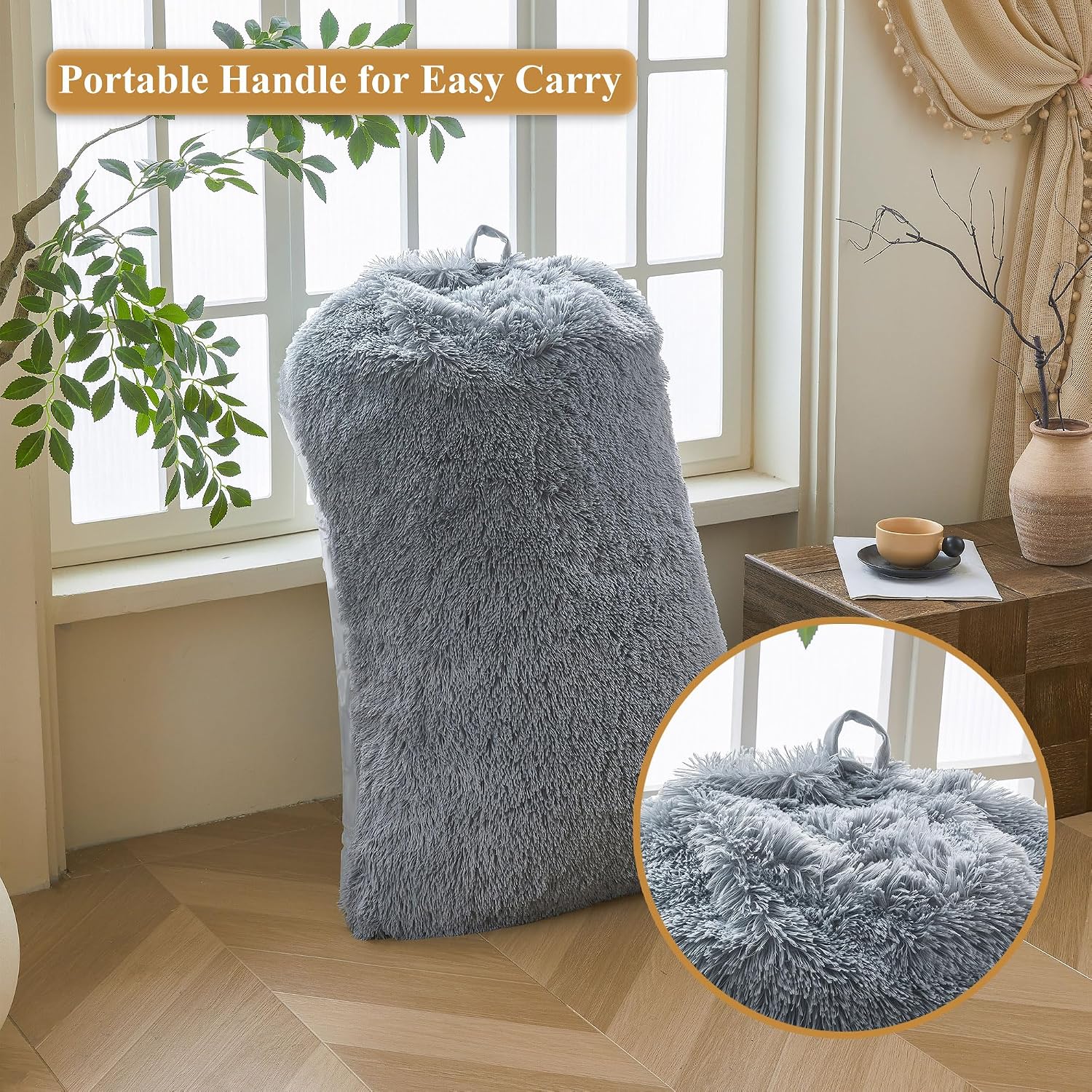 XeGe Fluffy Kids Stuffed Animal Storage Bean Bag Cover (No Filler), Fuzzy Faux Fur Beanbag Organizer with Handle for Teens Girls Adults, Shaggy Furry Plush Toys Holder Floor Lounger Chair, Light Grey