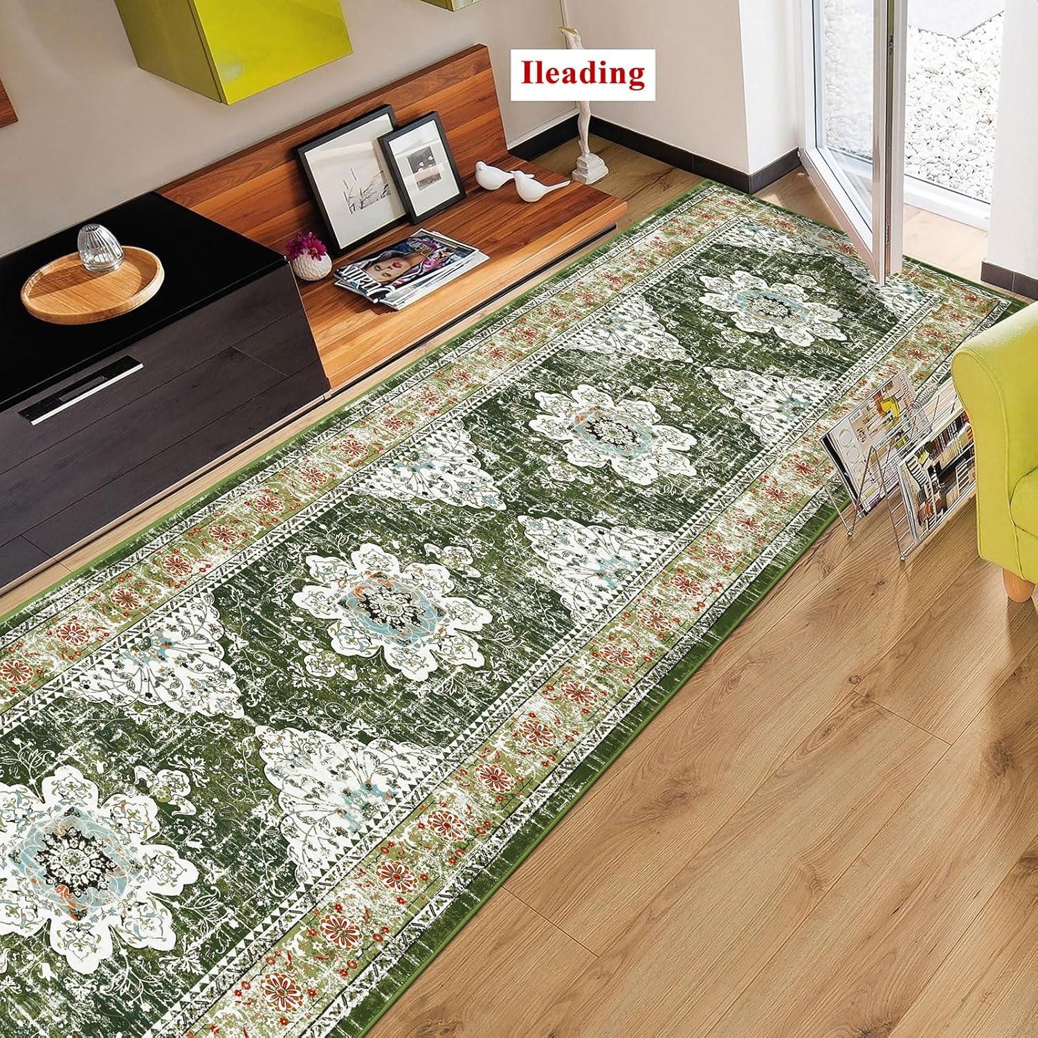 ileading vintage runner rug for hallway 2.6x14ft, machine washable extended entryway rug runners with rubber backing, non slip kitchen floor mat for livingroom corridor indoor doormat (green 2.6x14ft) 14' x 2'7" (rectangular) green