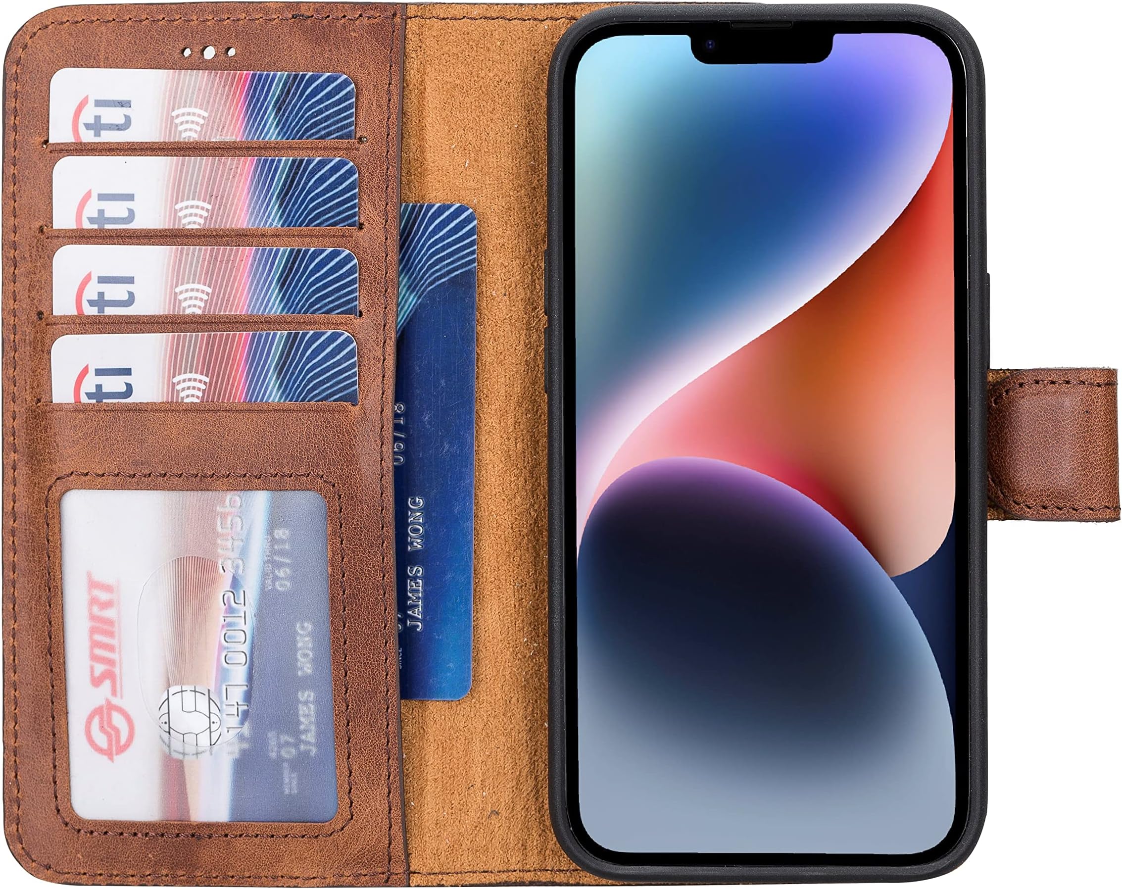 HARDISTON Genuine Premium Leather Handmade Wallet Case for iPhone 14 - MagSafe Compatible - Detachable Strong Magnetic Flip Cover with Card Holders - Horizontal Kickstand (Brown)