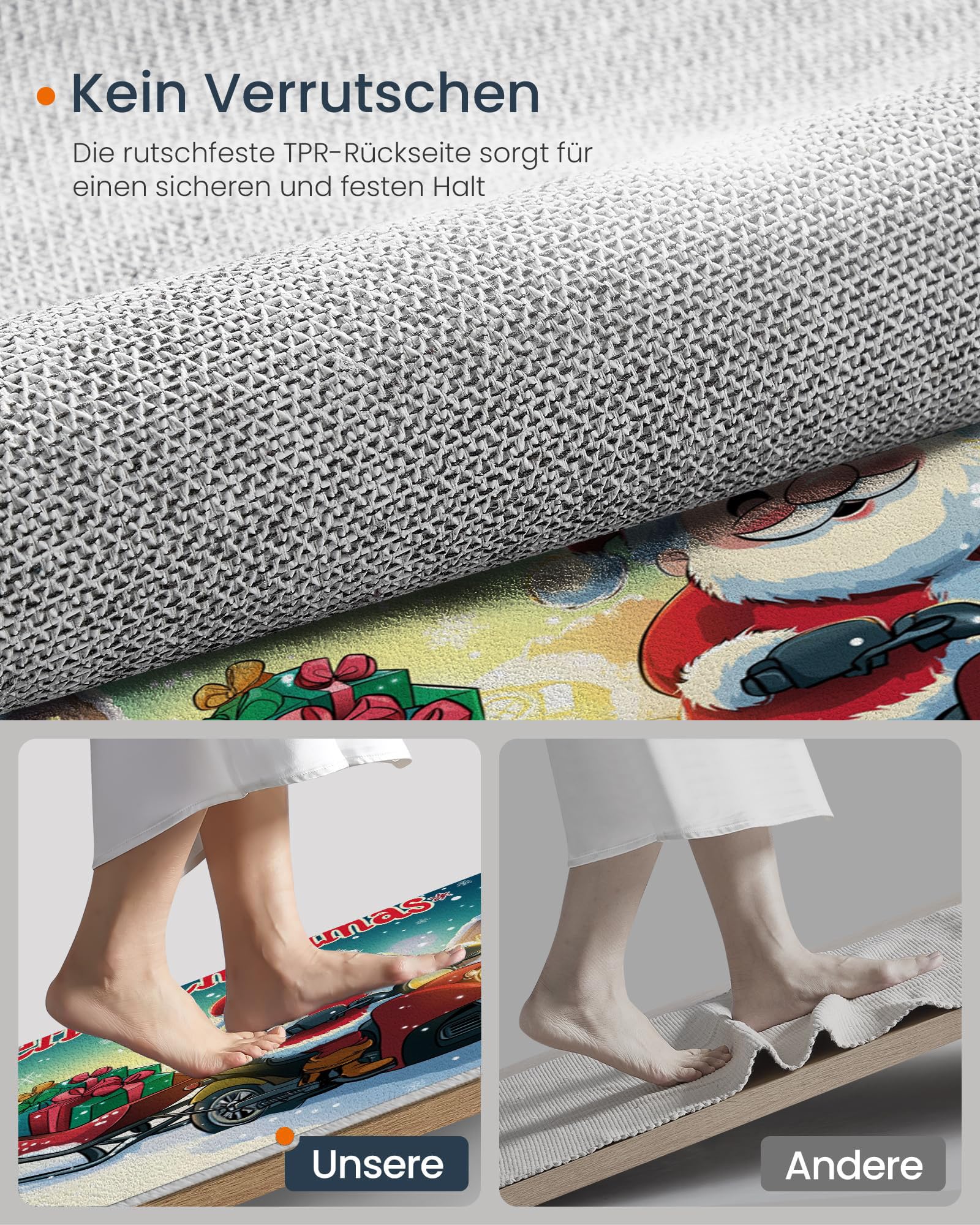 Fußmatte Weihnachten, Niedlicher Cartoon-Weihnachtsmann Teppich, Schmutzfangmatte Waschbar für Innen und Außen, rutschfest Weihnachts Fußmatte für Flur, Wohnzimmer, Badezimmer,90 x 150 cm