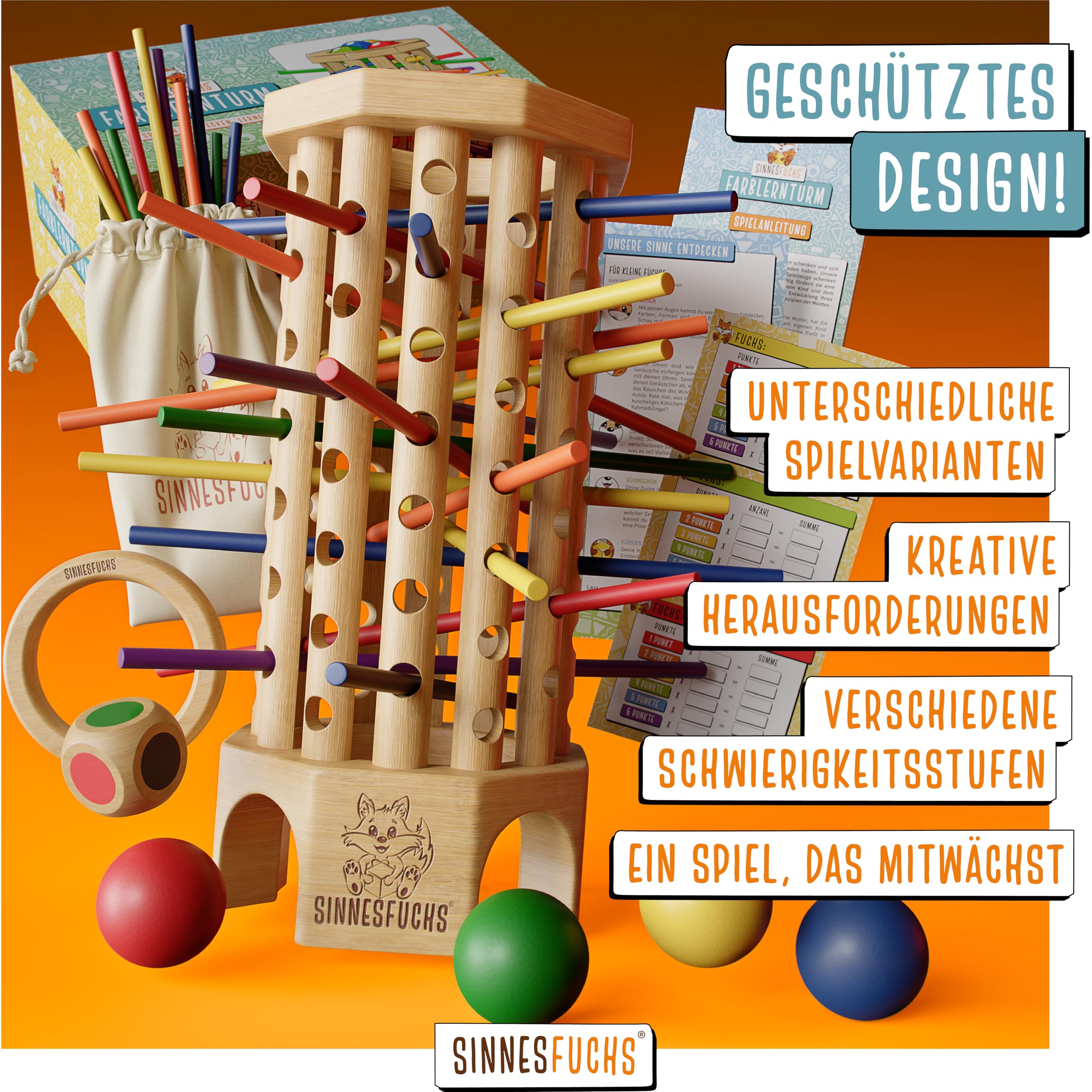 Farblernturm - FSC® 100% - Montessori Spielzeug ab 3 Jahre - Holzspielzeug pädagogisch wertvoll - Lernspiele ab 3 Jahre - Kinder Farben Stäbchen Holz Spiel - Kinderspiele ab 4 Jahre