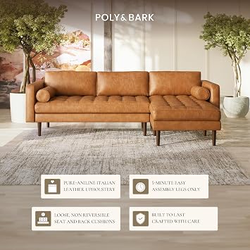 POLY & BARK Napa 104.5 Right-Facing Sectional Sofa Cognac Tan Full-Grain Pure-Aniline Italian Leather, Feather-Down Cushions, Solid Wood Frame