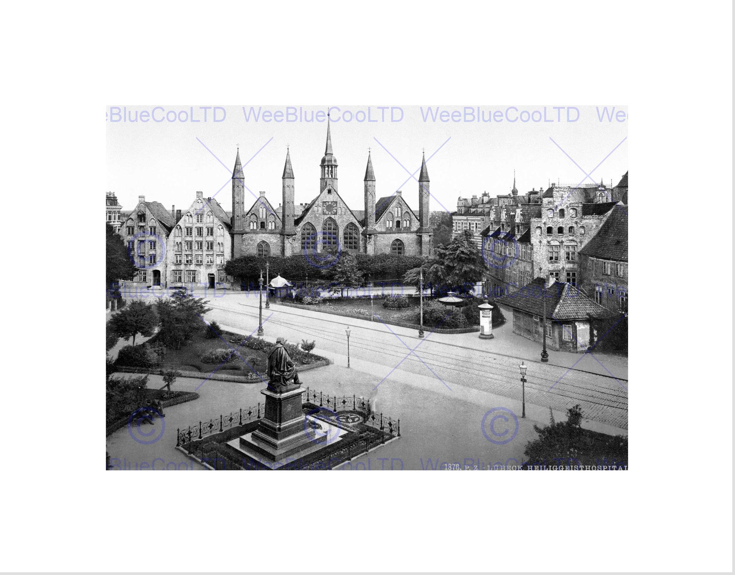 Wee Blue Coo LUBECK HEILIGGEIST HOSPITAL 1900 VINTAGE OLD BW BLACK FRAMED ART PRINT B12X319