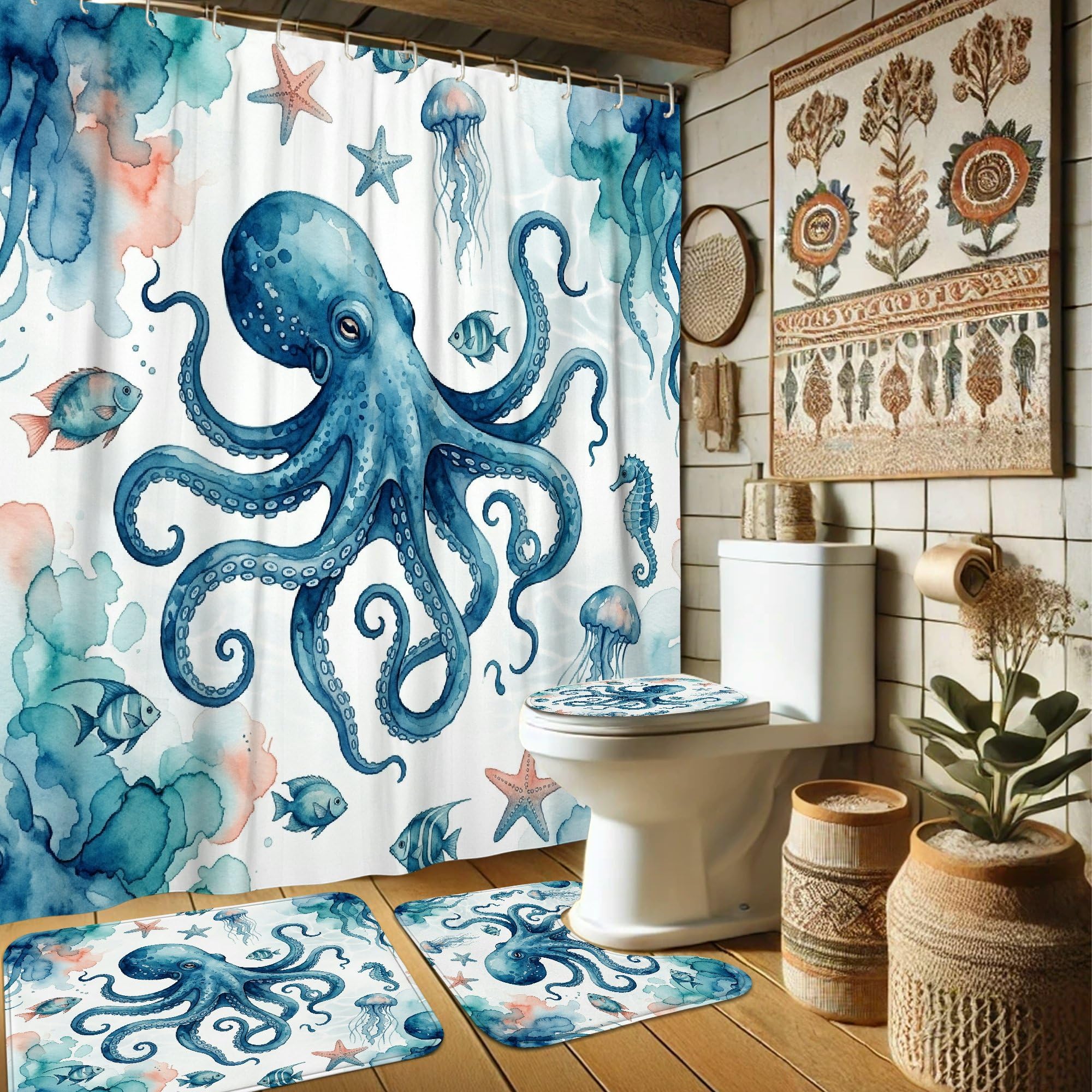 Rideau de douche polyester imperméable bleu étoiles de mer et poisson