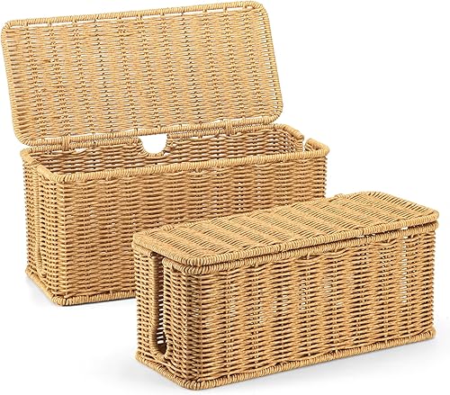 Paquete de 2 cajas grandes de gestión de cables, organizador de cables de ratán de imitación tejida a mano, organizador de cables de escritorio para