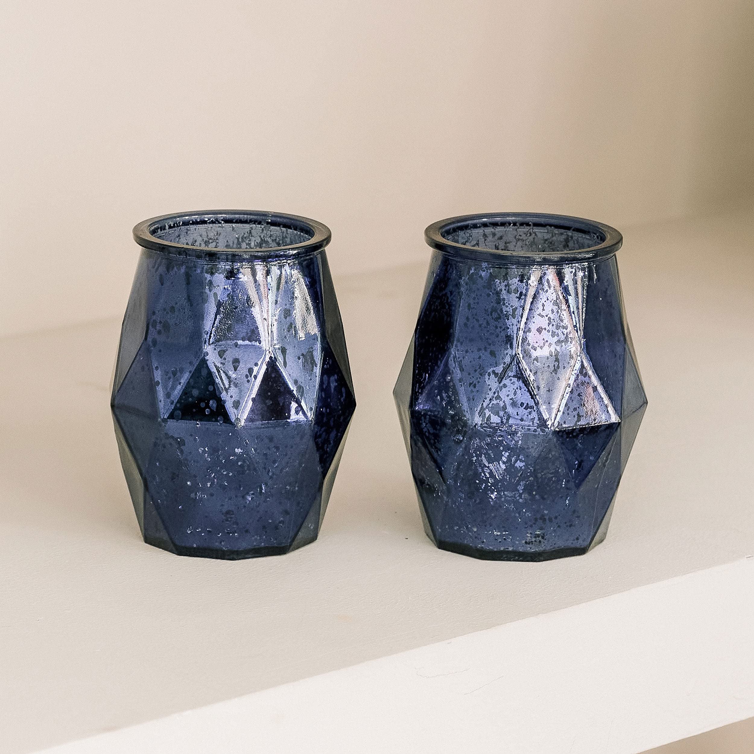 Weddingstar Large Geometric Mercury Glass Votive Candle Holders - Navy Blue - Set of 2