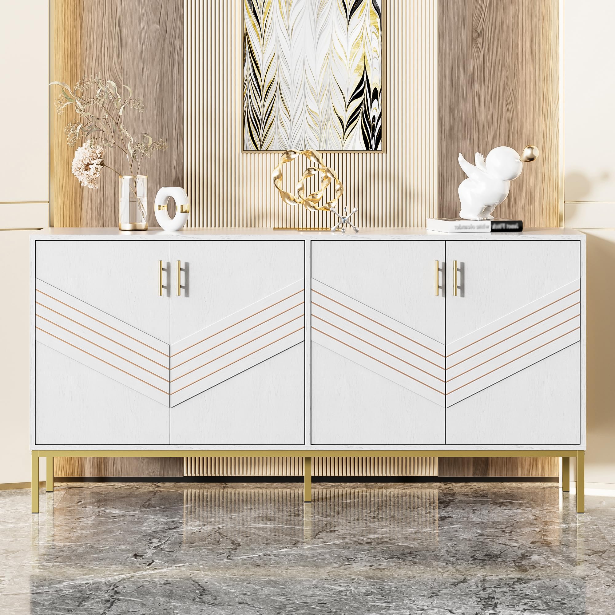 ModernLuxe Sideboard Weiß Gold Kommode 4 Türen Anrichte Wohnzimmer Esszimmer Stauraum Möbel modern MDF Sideboard Metallbeine großer Stauraum für Wohnzimmer, Esszimmer & Flur Küche, Haushalt & Wohnen