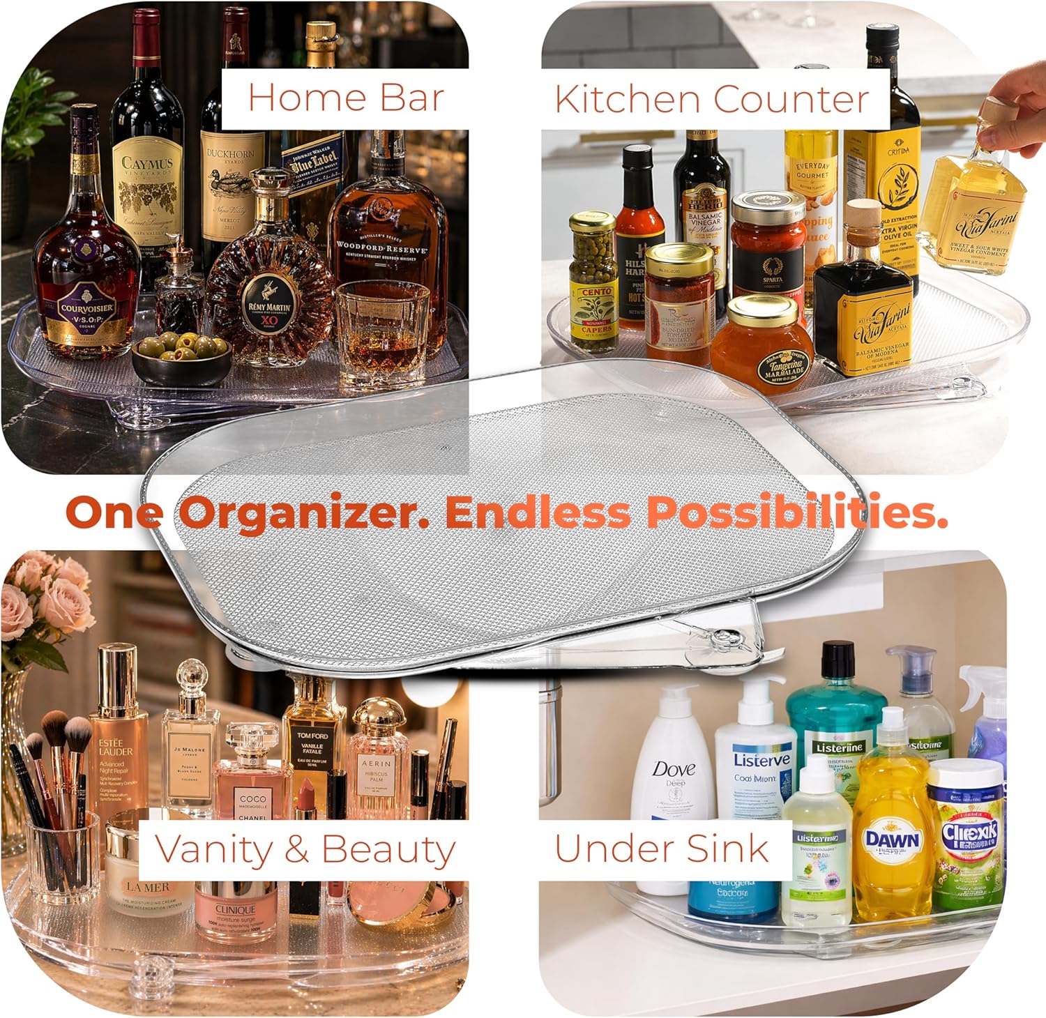 Oizeir Refrigerator Lazy Susan (2PK) - Clear Rectangular Fridge Organizer - Turntable Tray Lazy Susan for Refrigerator - Cabinet & Pantry Organizer - Smooth 360° Rotating Swivel Spinning Fridge Shelf