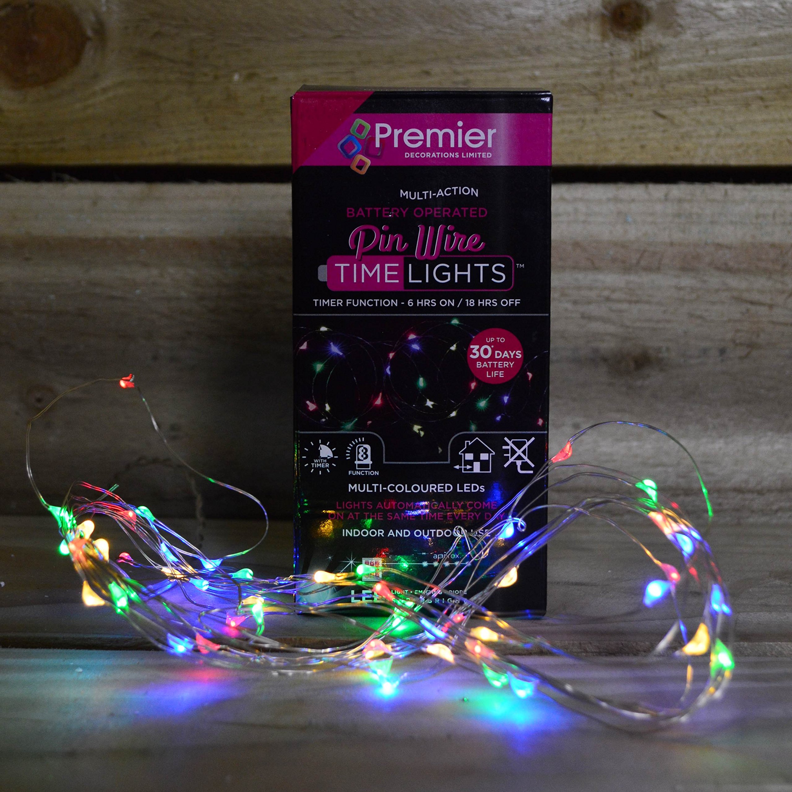 5m 100 LED Multi Action Pin Wire Battery Lights with Timer String Lights- Multi Coloured