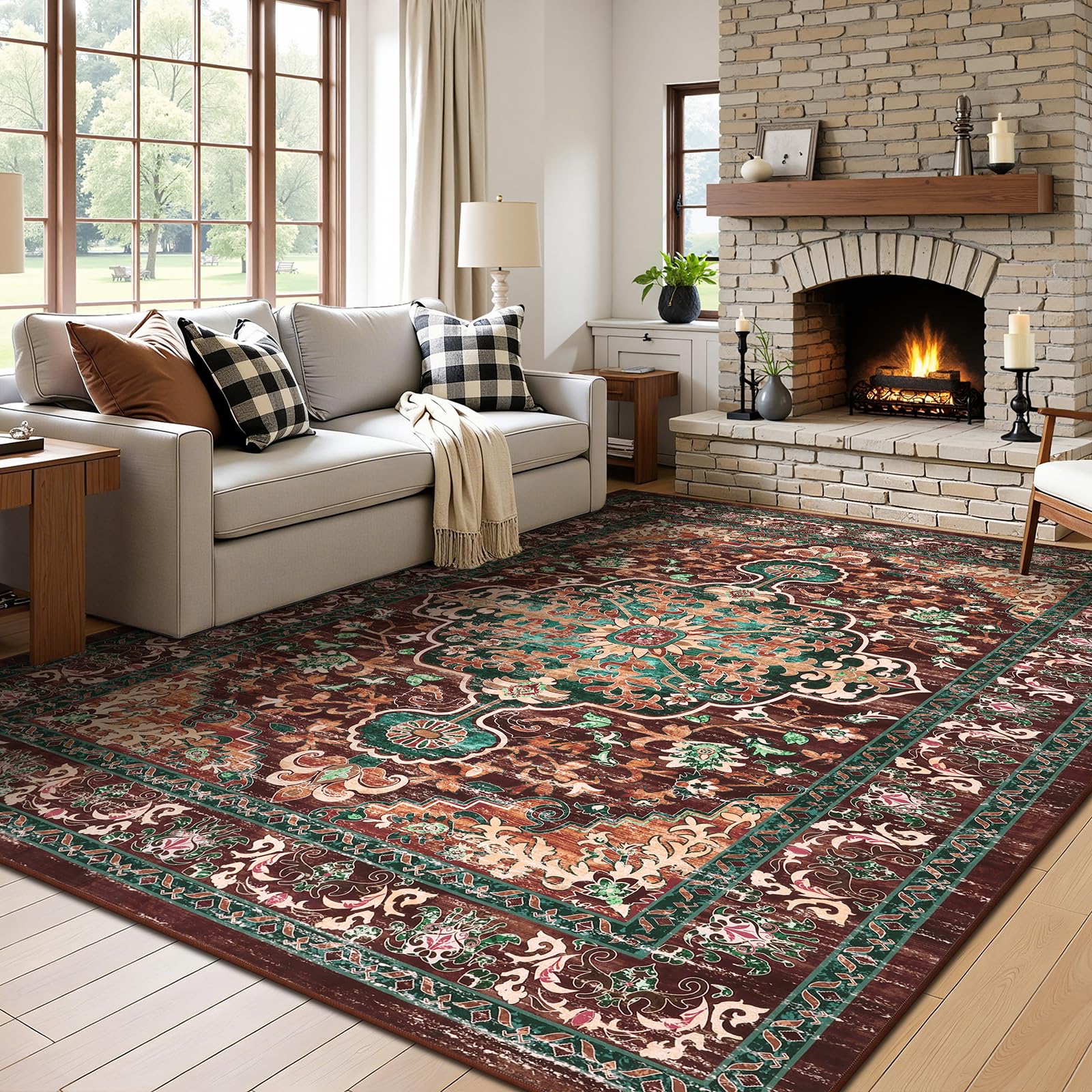 U'Artlines Boho Vintage Area Rug 6x9 ft Machine Washable Low Pile Soft Floor Carpet Non Slip Non Shedding Accent Rug for Living Room Bedroom Entryway
