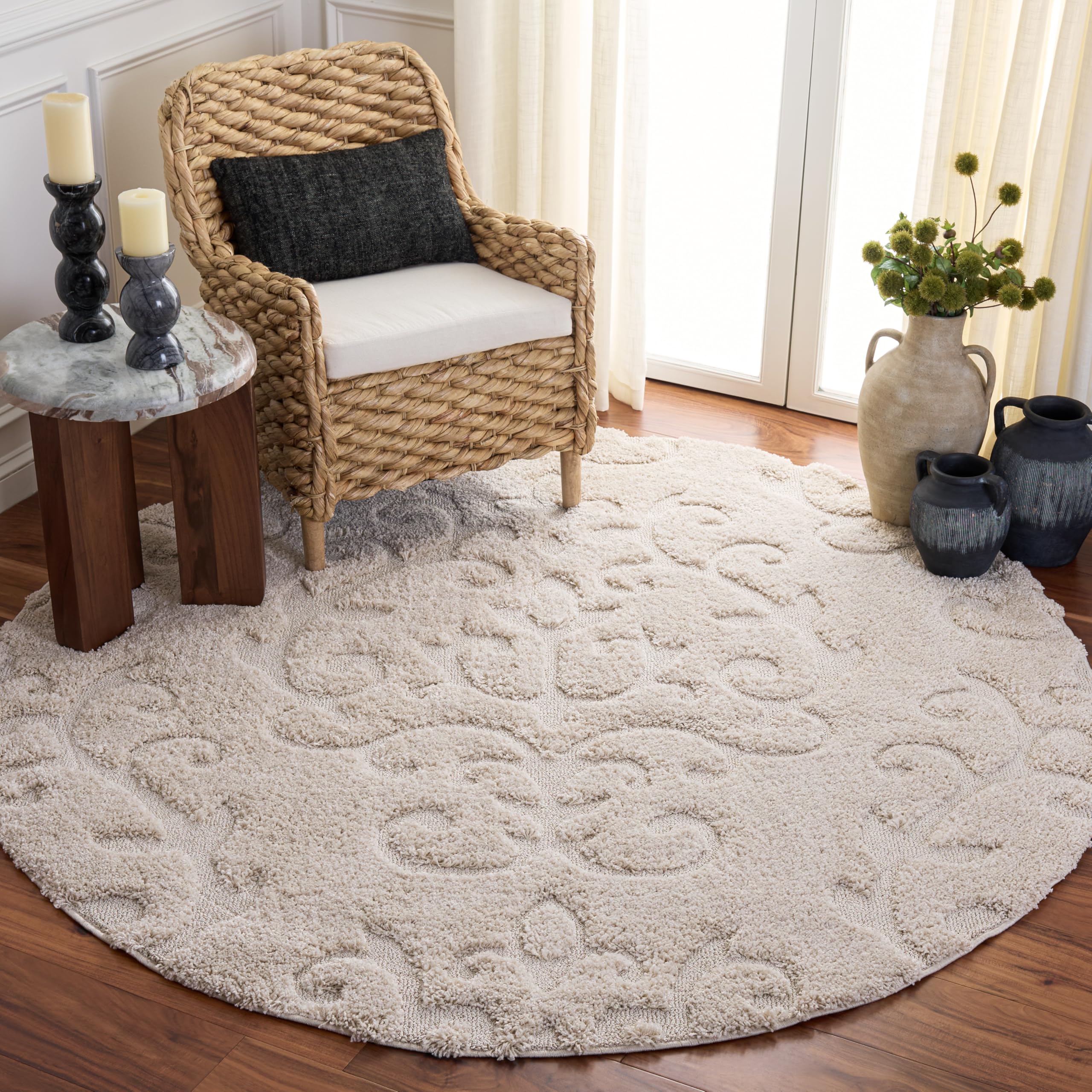 SAFAVIEH Florida Shag Collection Area Rug - 6'7" Round, Creme & Creme, Scroll Design, Non-Shedding & Easy Care, 1.2-inch Thick Ideal for High Traffic