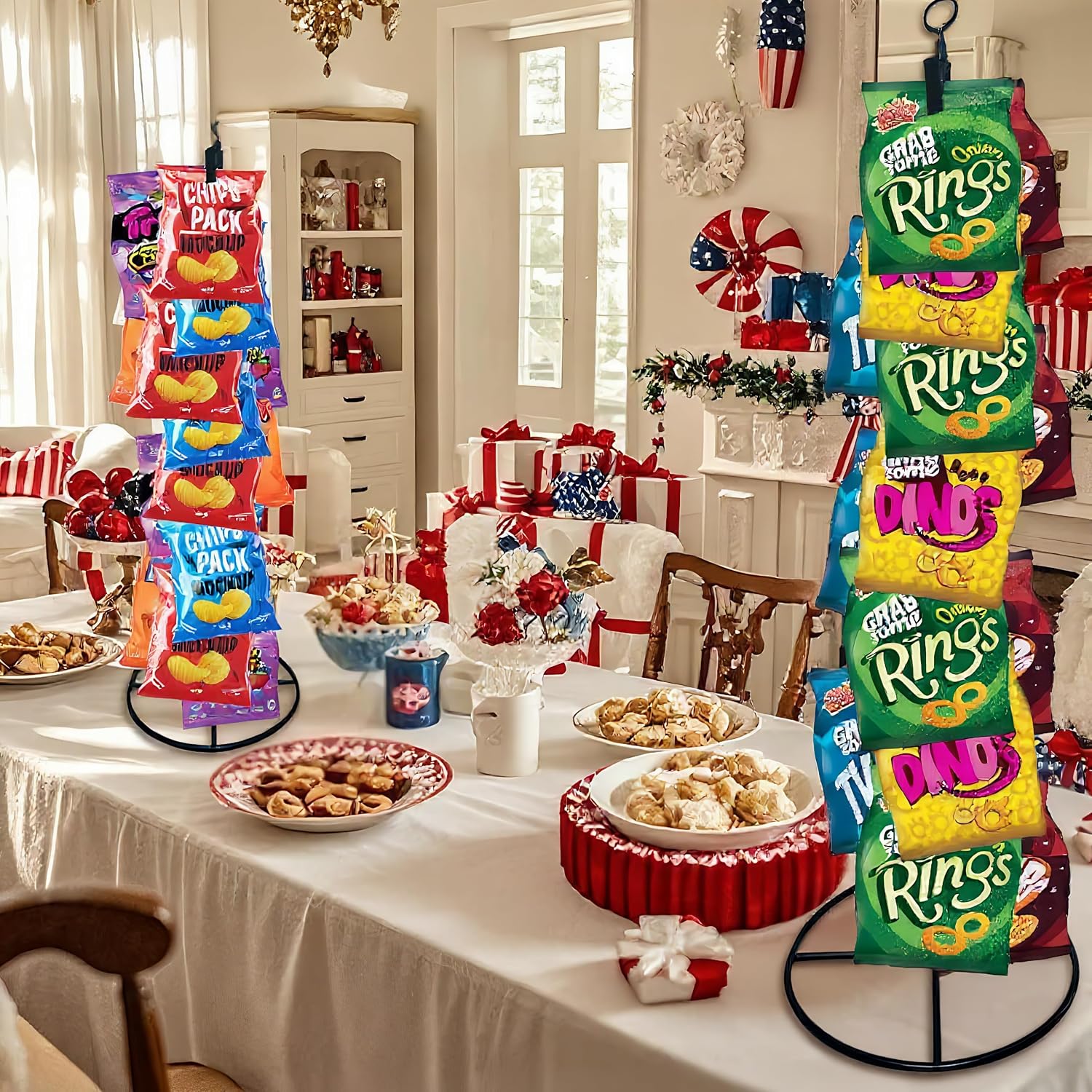 Chip Rack Display Stand, Snack Rack Organizer Holder for Bag Chips | Potato Chip Rack Bag Holder with 14 Clips，Chip Display Stand for Party，Metal Countertop Party Snack Dispenser (1Pack)