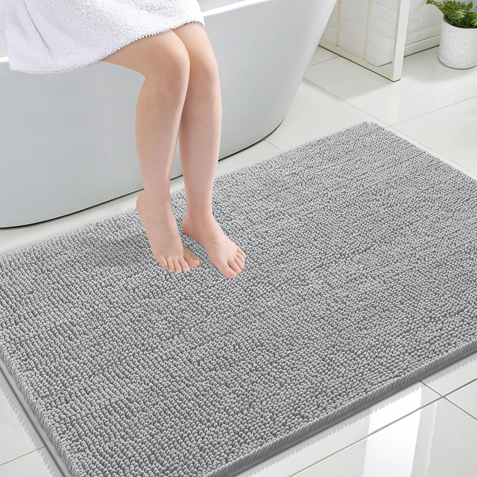 OLANLY Large Bathroom Rugs 47x32, Extra Soft Absorbent Chenille Bath Rugs | Light Grey, Quick-Drying Rubber Backing, Machine Washable Bath Mat for Bathroom Floor, Tub and Shower, Home Decor Accessories
