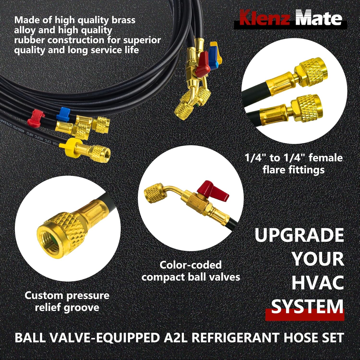 2026 Upgraded 1/4" A2L Refrigerant Hoses, 72", 45° & 180° Left-Hand Thread Adapters, Custom Pressure Relief Groove, Compact Ball Valve Refrigerant Hoses, for R-1234YF/R-134A/R-32/R-454B/R-410A(3 Pcs)