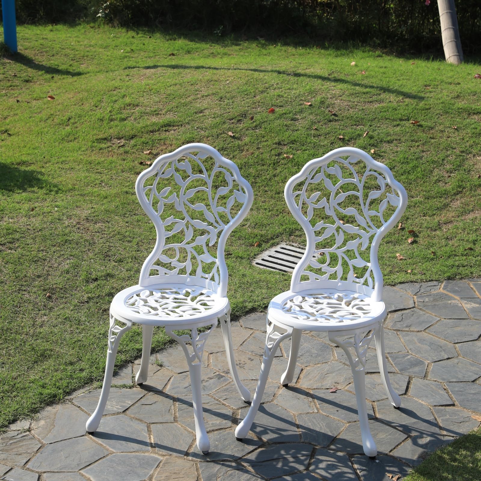 KAILI Rose Garden Cast Aluminum Bistro Chairs, Decorative Outdoor Patio Seating, Set of 2, White and Black (Leaf Chair White)