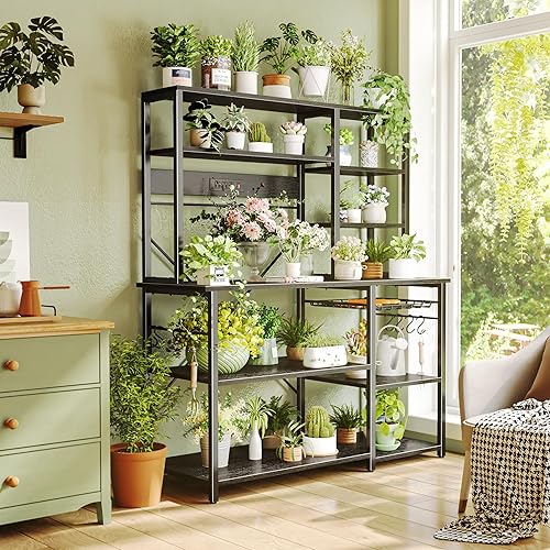 Miniatura 55 de SUPERJARE Estante grande para panaderos con tomas de corriente, soporte de microondas de 6 niveles, barra de café con 12 ganchos en forma de S,