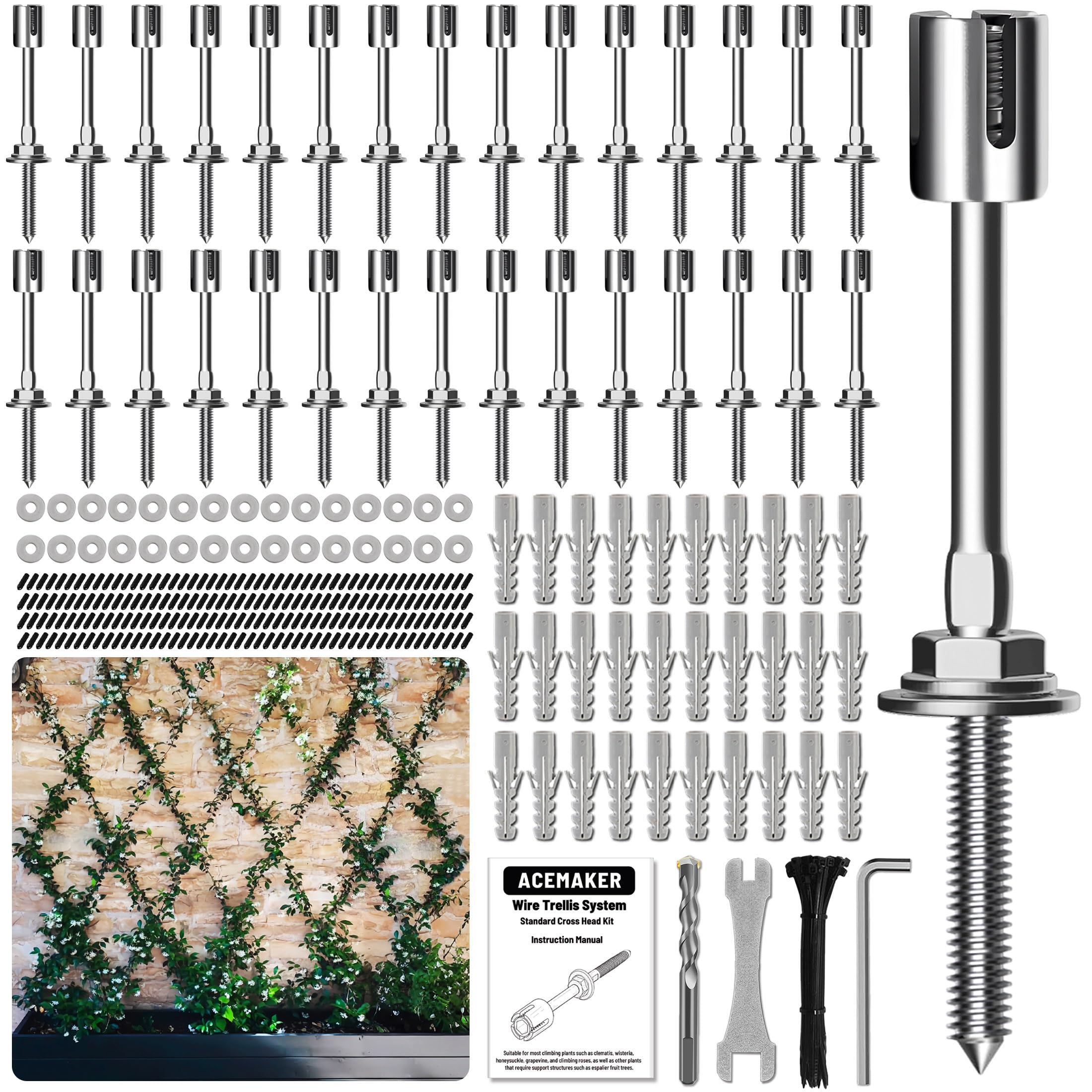 Acemaker Wire Trellis for Climbing Plants Outdoor, 30-Set Wall Trellis Kit for 5/64"(2mm) Wire Ropes, T316 Espalier System for Fence and Garden DIY Projects (Hubs Only, Without Cable)