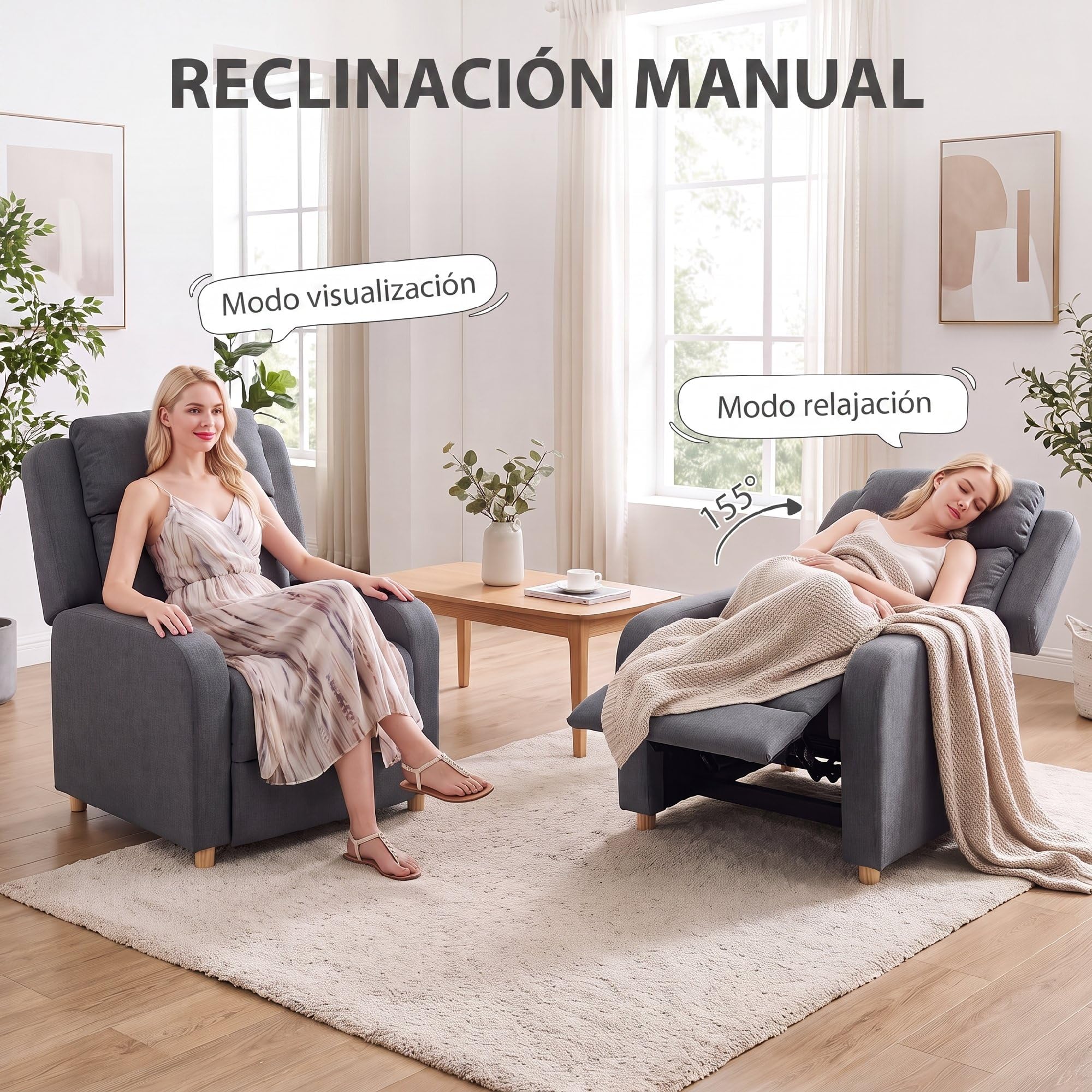 HOMCOM Sillón Relax Reclinable, Sillón Reclinable Manual, Gris Oscuro