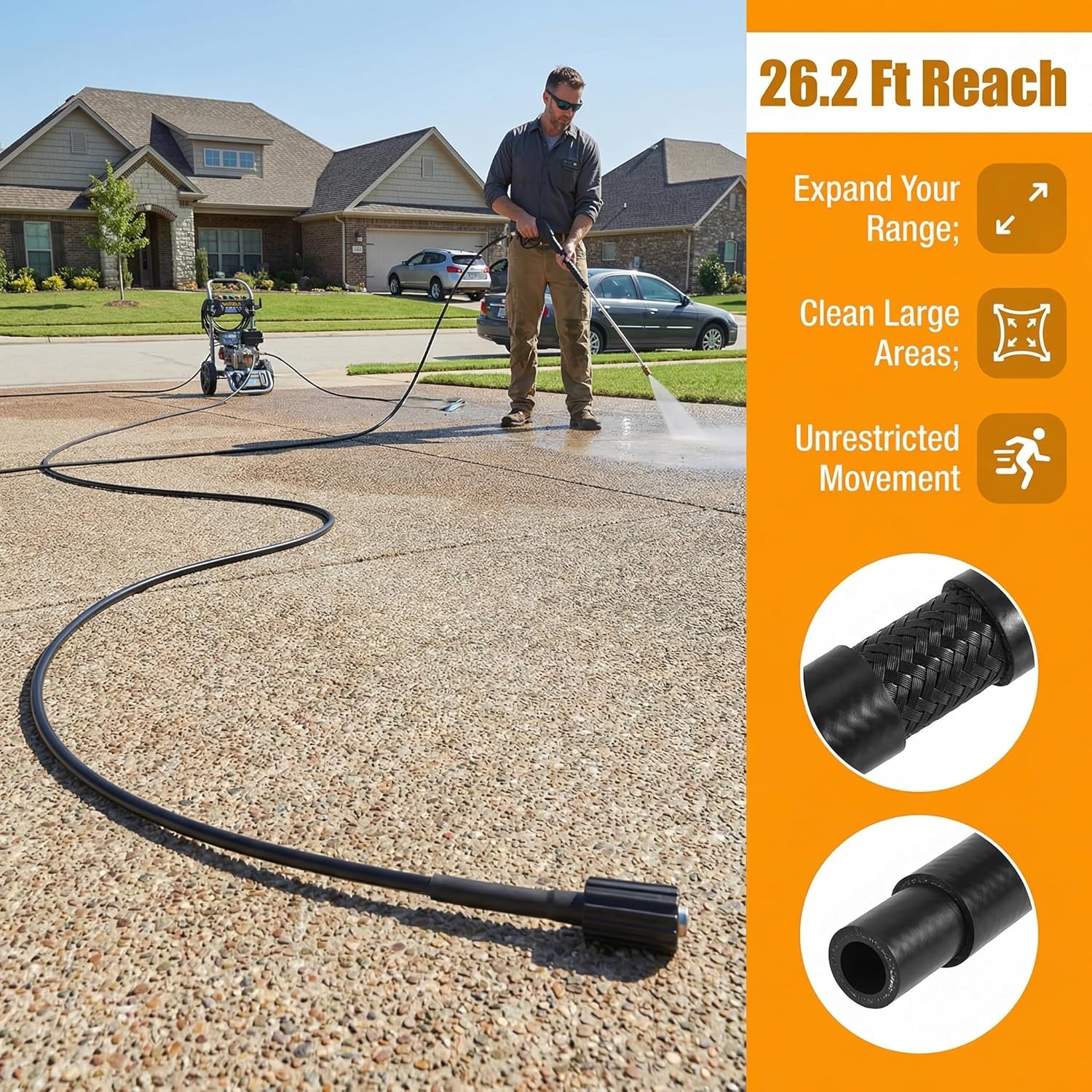 iplusmile 26Ft High Pressure Washer Hose 160 Bar 2320 Psi M22 Thread Power Washer Extension Hose for Cold Water Use Car House Yard Cleaning