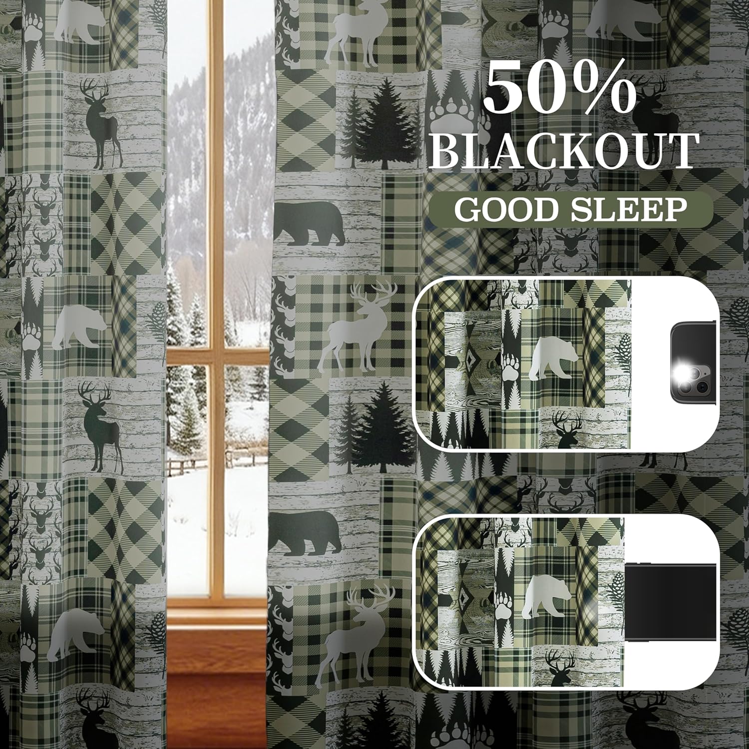Green Rustic Cabin Curtains 2 Panels Country Style Curtain 50% Light Blocking Darkening Grommet Window Treatments Farmhouse Patchwork Plaid Drapes Decorative for Living Room Bedroom, 52x96 inches